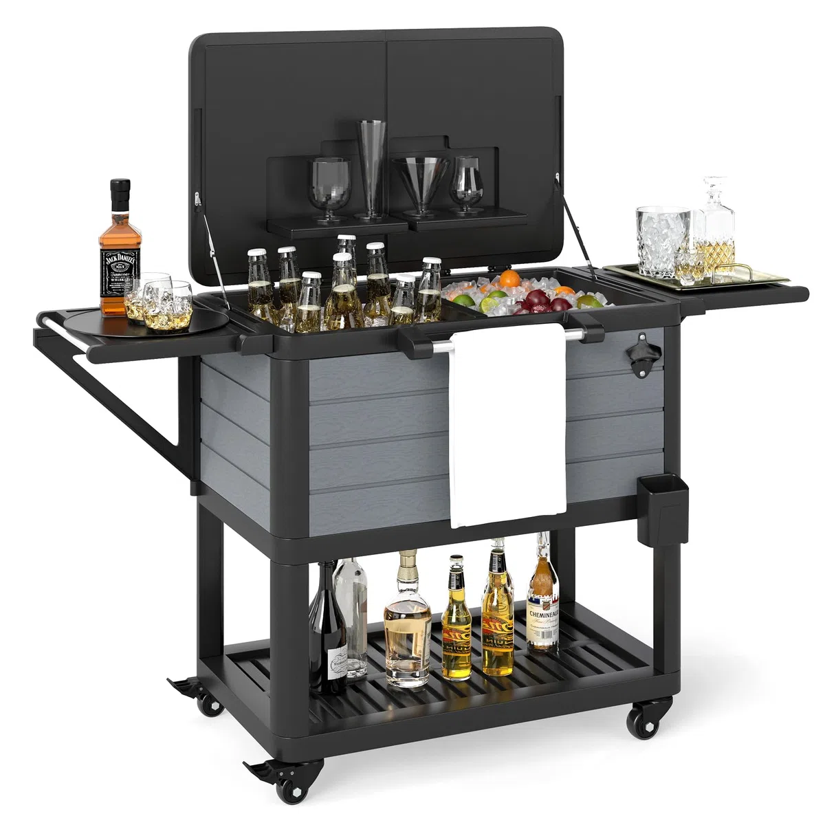 GOPLUS Kühlwagen, Servierwagen mit Rollen, Getränkekühler mit 2 Seitenablagen & Flaschenöffner, Kühlerbox mit großer Kapazität von 91 L, für Outdoor Terrassen Party, Grau