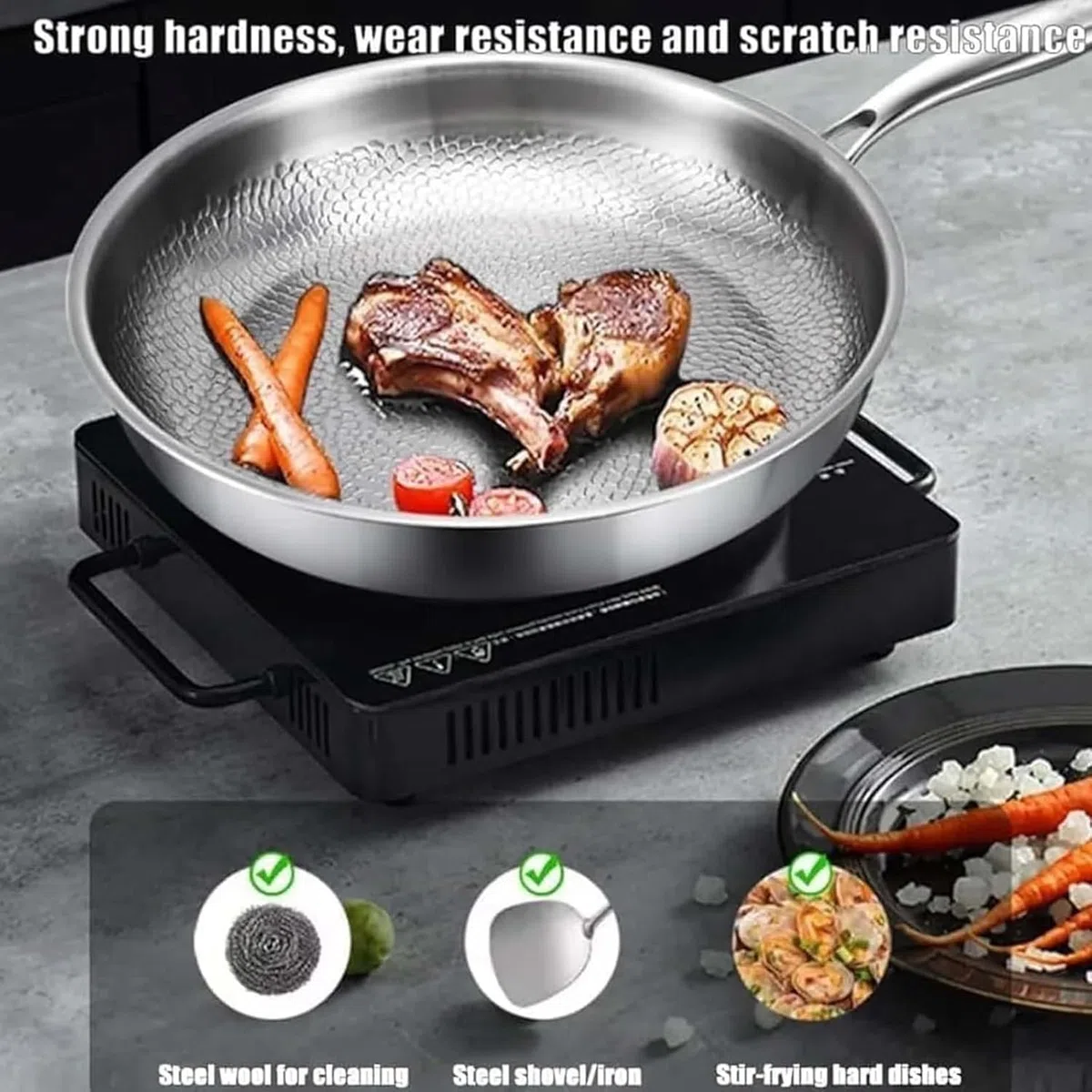 2026 Upgrade Titan Bratpfanne, 26/28/30cm Titan Pfanne Unbeschichtet with Lid, Non-Stick Hammered Wok Titanium Pan, Scratch-Resistant, Even Heating and Suitable for All Hobs (26+28+30CM)