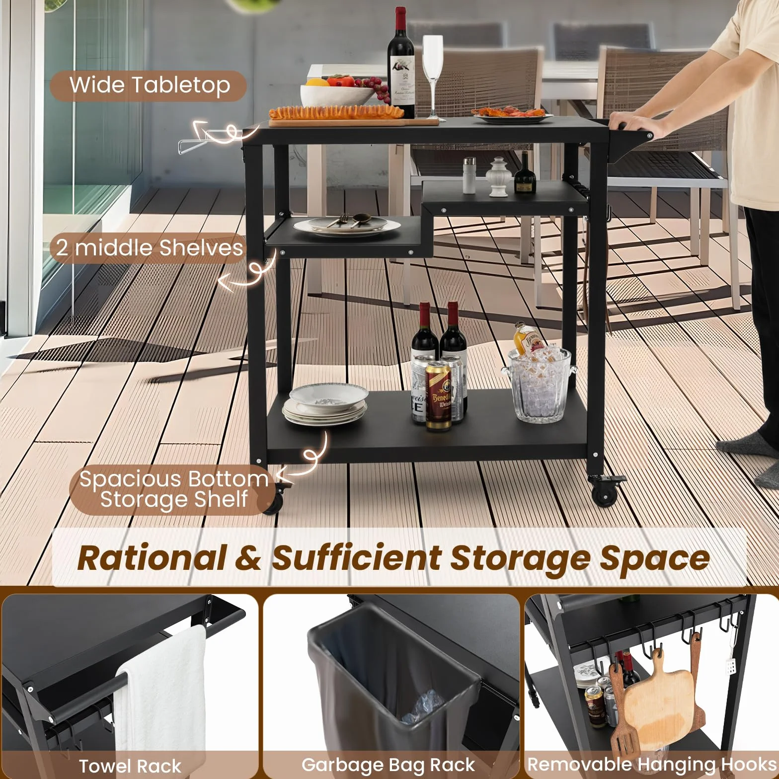 KOMFOTTEU Servierwagen Grillwagen Metall, Garten Rollwagen mit Arbeitstisch, 4 Ablagen & Griff, Grilltisch Grill Trolley inkl. 6 Haken & Müllbeutelhalter, Küchenwagen für BBQ Outdoorküche, Schwarz