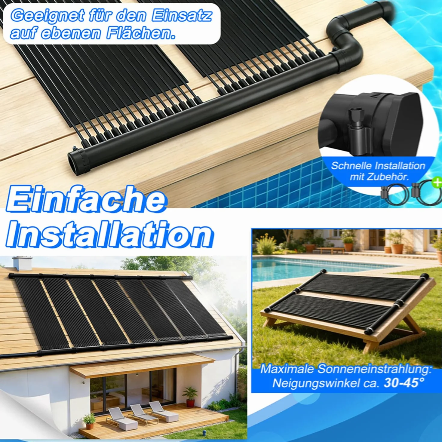 LZQ Solar Poolheizung Set 400x70 cm, Solarheizung Solarkollektor Pool Schwimmbad Solarabsorber Warmwasser mit Schlauchschellen & Rohrverbindern, modular, Heizmatte Solarmatte Sonnenkollektor