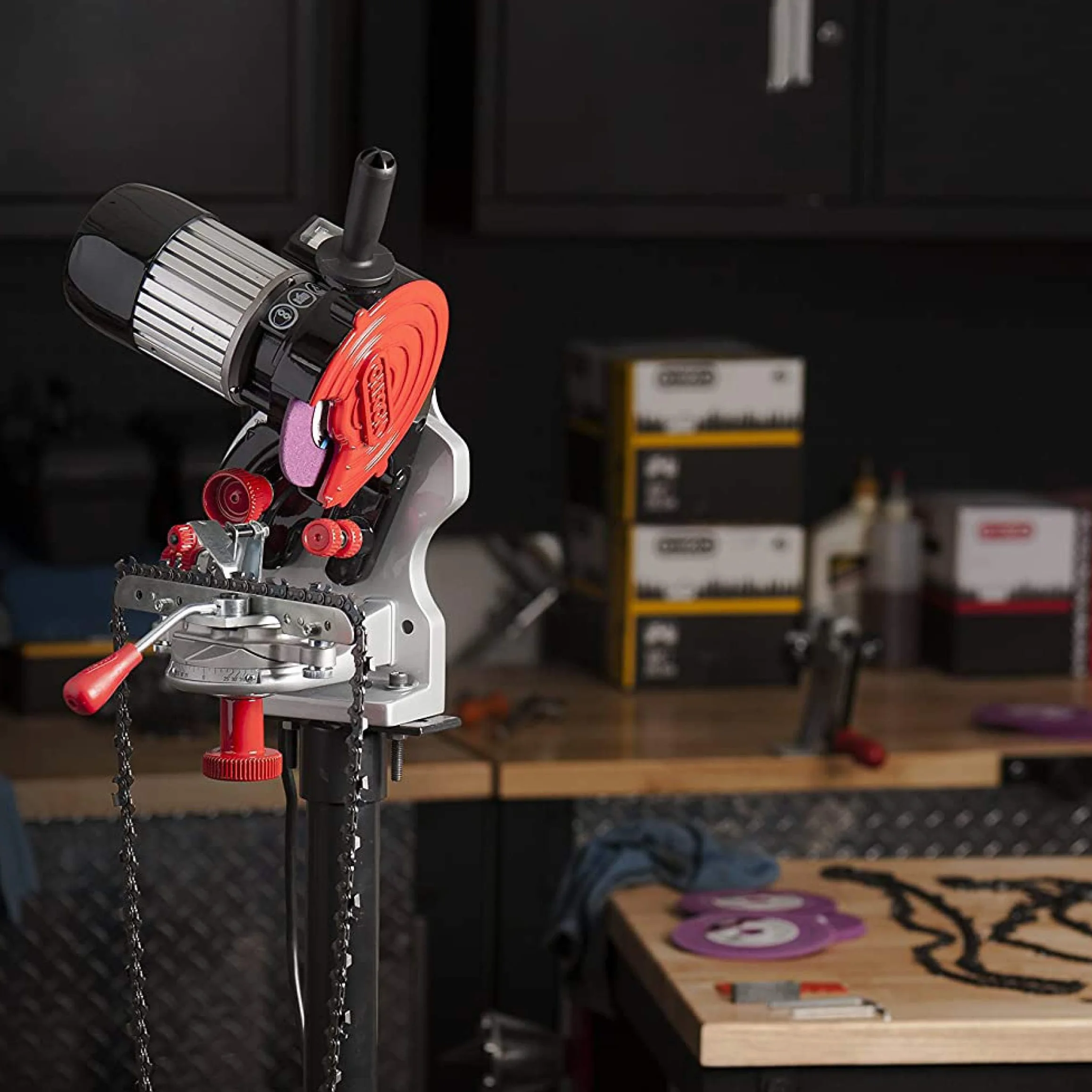 Oregon professionelle 230V Tisch-/Wand Sägeketten Schleifmaschine , für alle Sägeketten von Oregon, Stihl, Husqvarna und mehr, Kettensäge Schärfen - grau/schwarz/rot (410-230)