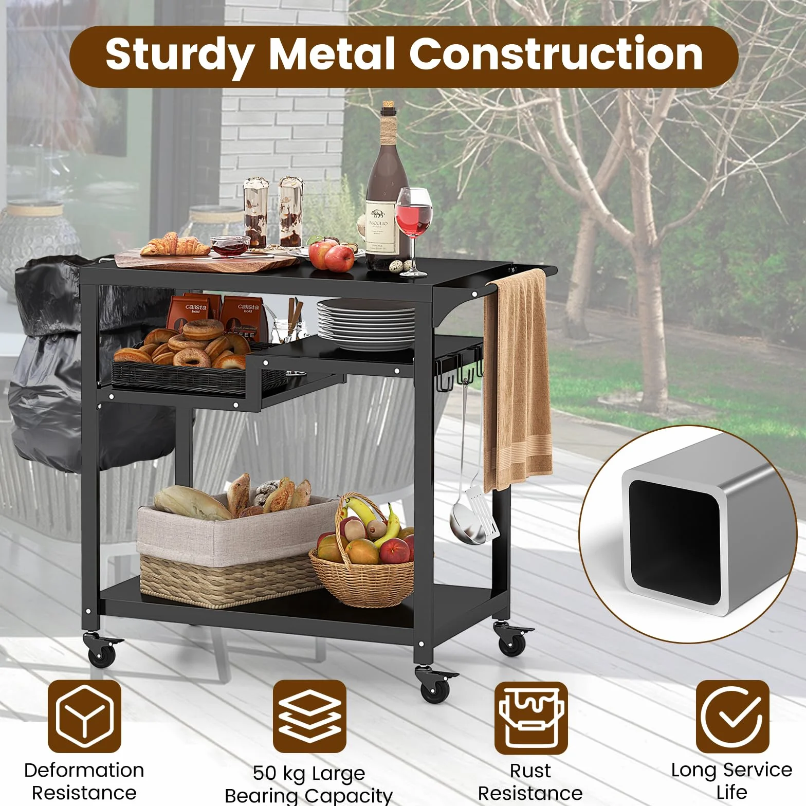 KOMFOTTEU Servierwagen Grillwagen Metall, Garten Rollwagen mit Arbeitstisch, 4 Ablagen & Griff, Grilltisch Grill Trolley inkl. 6 Haken & Müllbeutelhalter, Küchenwagen für BBQ Outdoorküche, Schwarz