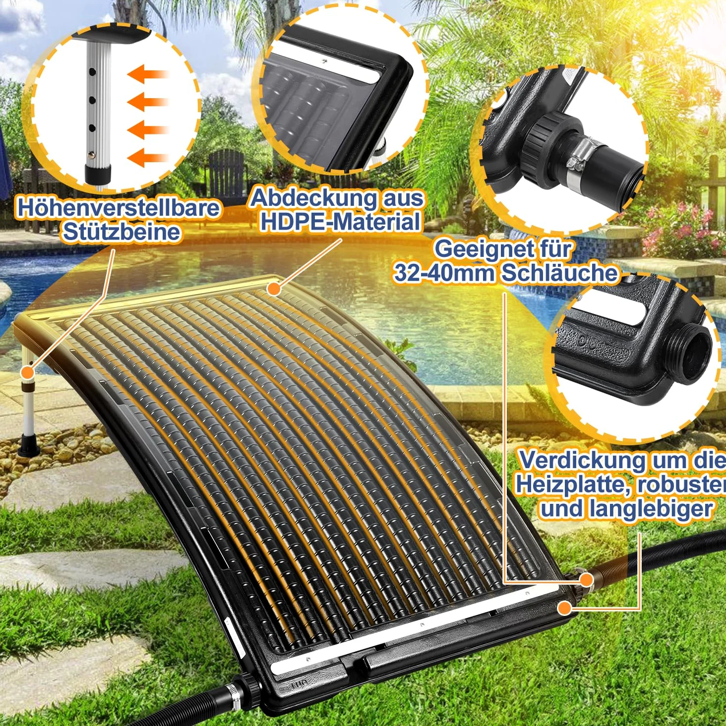Herrselsam Poolheizung Solar 2 Sets, Solarheizung Pool 113 x 69 x 35 cm, Sonnenkollektor Pool Anschluss Ø 32-40mm, Höhenverstellbar Pool Heizungen Solar für Schwimmbad, Gartendusche