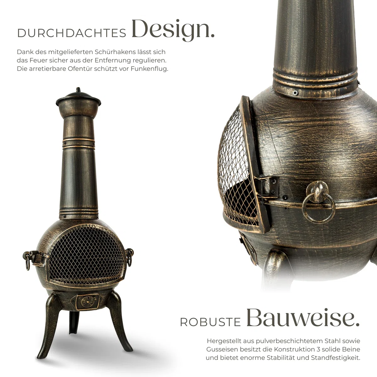 tectake® Vintage Outdoor Terrassenofen, Gartenofen aus Gusseisen, Raketenofen, Aztekenofen mit Funkenschutz, Grill Rost und Schürhaken, Gartendeko Kamin, Deko für Terrassen oder Balkon, Kaminofen