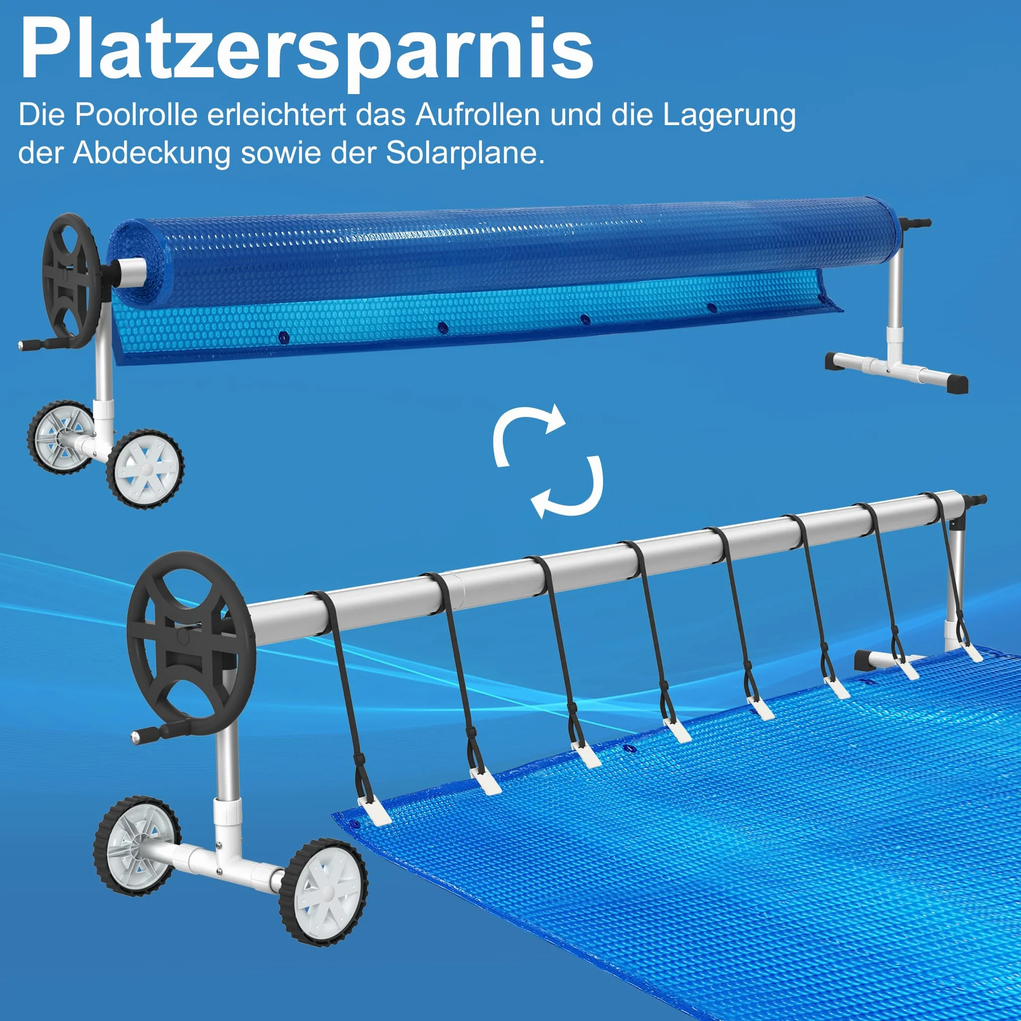 FIVMEN Pool Aufroller Poolabdeckung 3-5,7m Aufrollvorrichtung Mobiles für Plane, Premium Aufrollsystem inkl. Bänder und Rolle Einstellbar Poolaufroller, Typ C