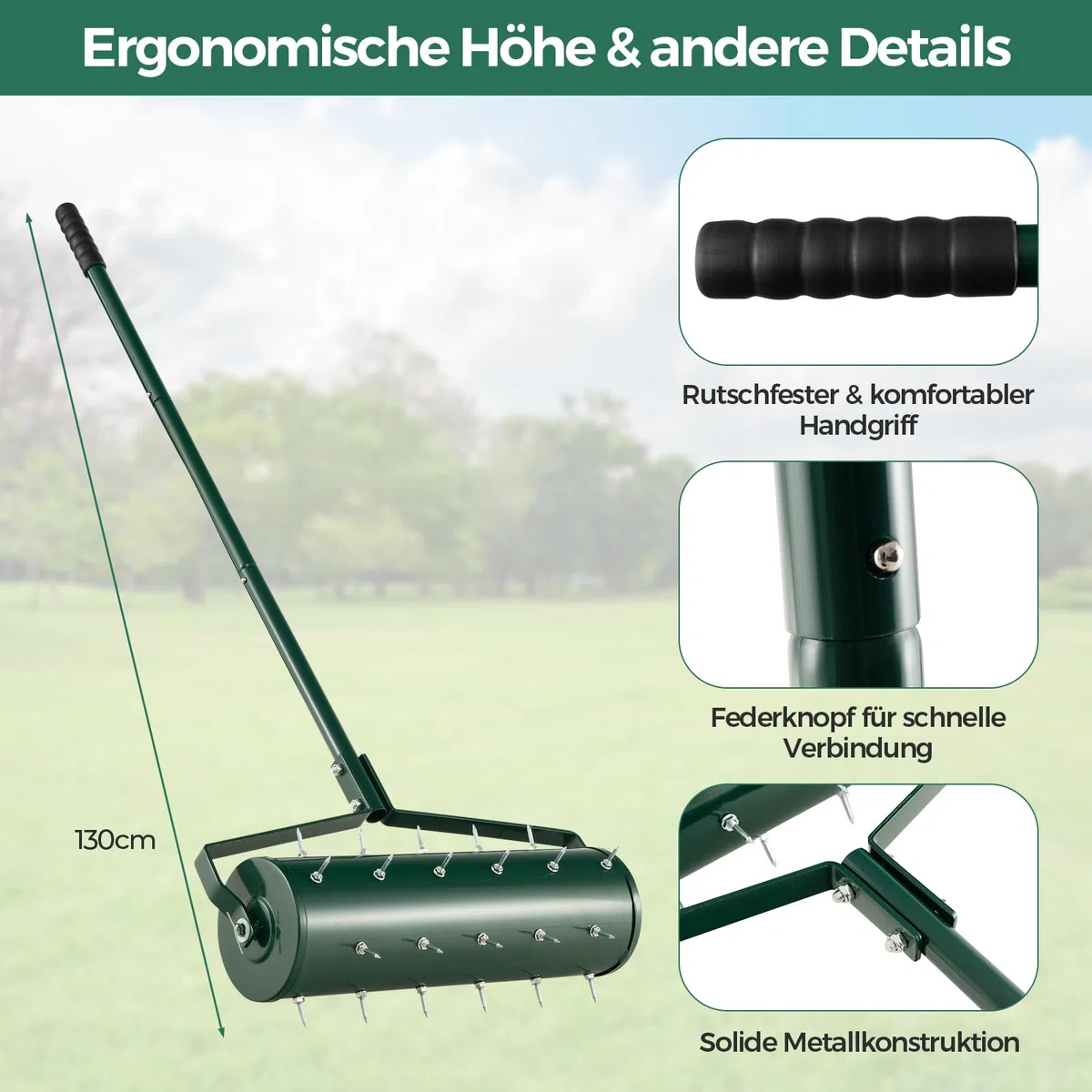 COSTWAY Rasenlüfter Walze manuell, 53 x 130 cm, Rasenrolle mit Stiel & Nägeln, Handvertikutierer rollend, Rasenbelüfter Gartenwalze, Vertikutierer Rasenwalze Garten Hof Rasen, Grün