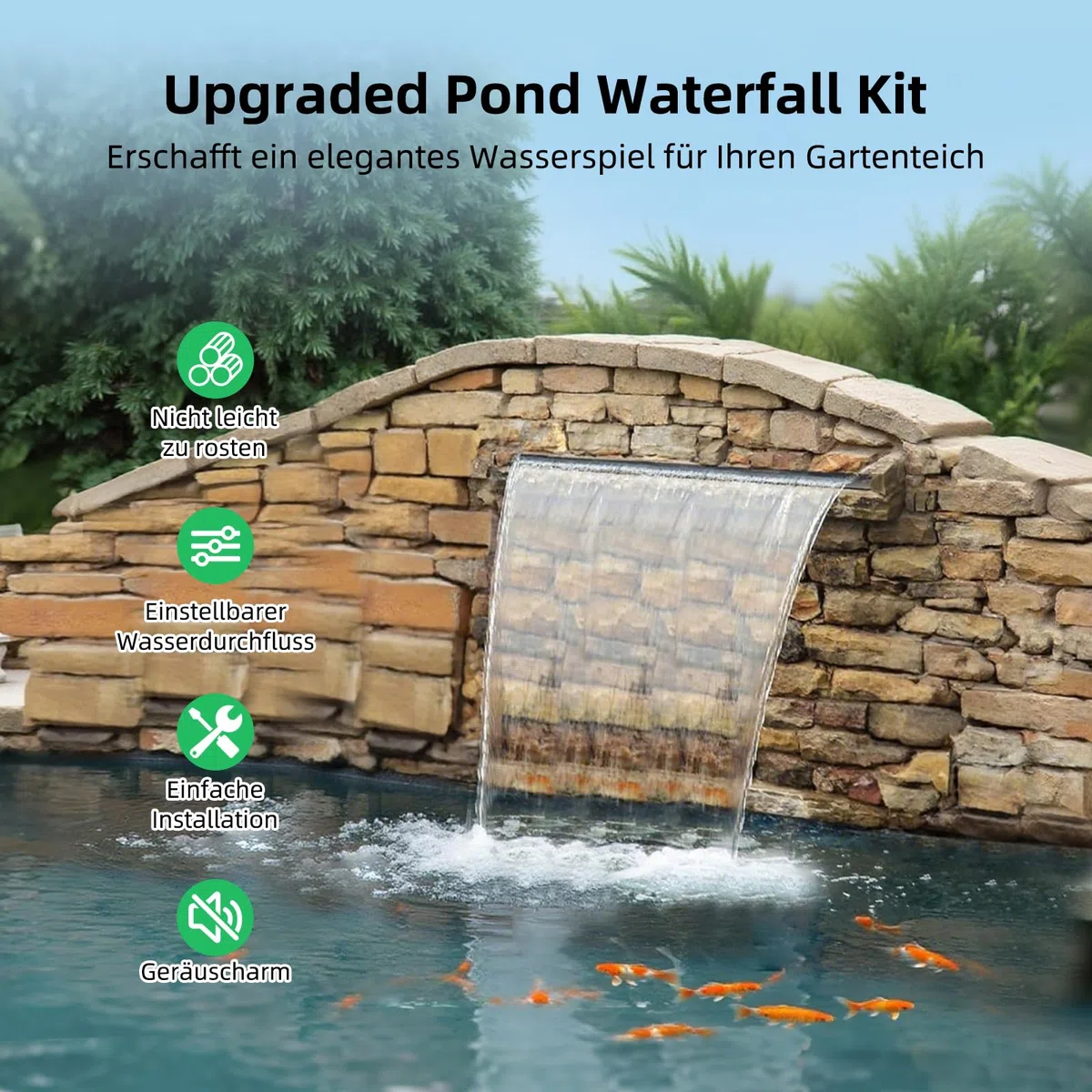 Schwarze Edelstahl Teich Wasserfall Spillway Pool Brunnen Wasser Feature, 45W 3000L/H with Pumpe, Teichüberlauf mit Pumpe und Wellrohr mit Filtermedien, für Terrasse Wasserwand