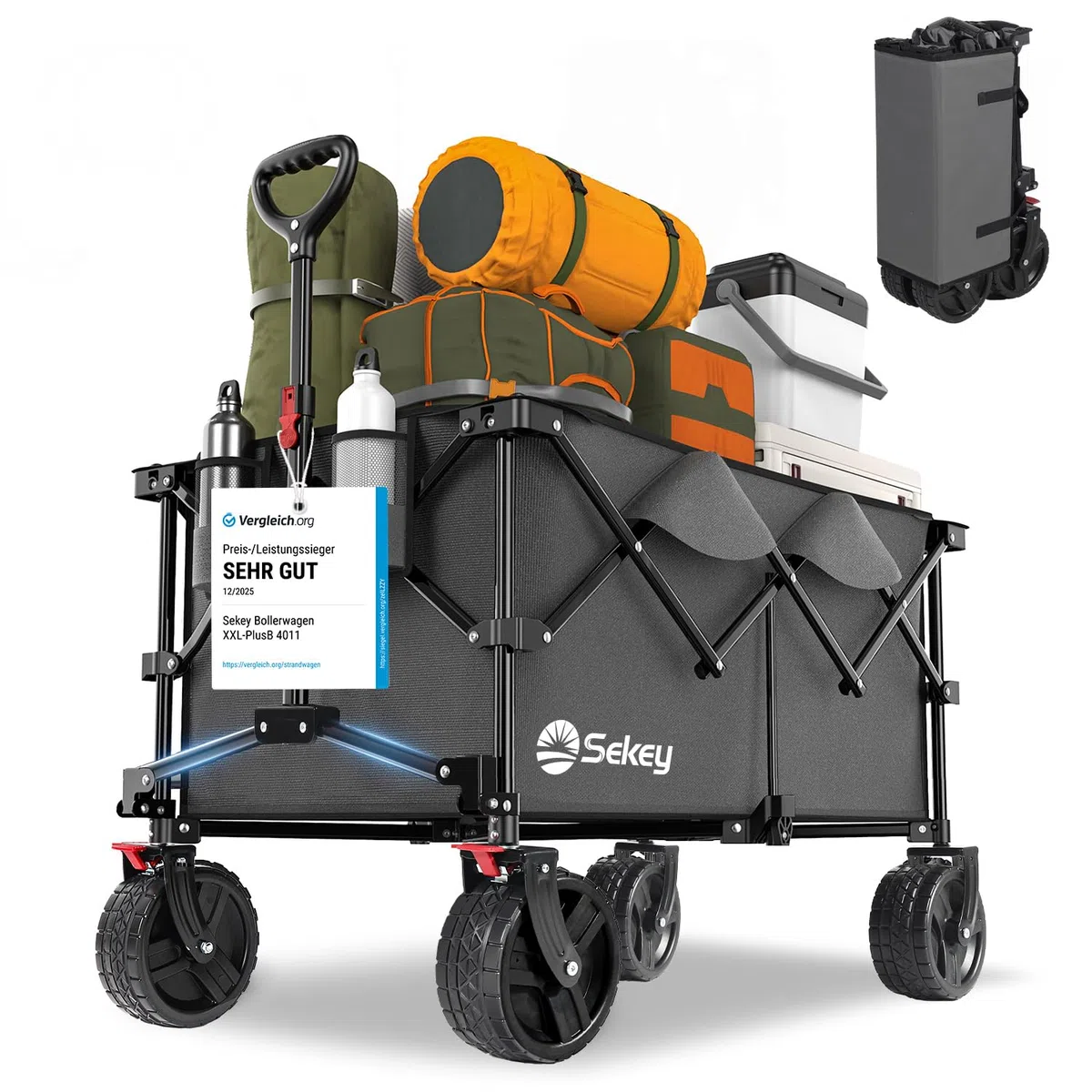 Sekey XXL Plus Bollerwagen Faltbar mit Bremsen 200L 200KG Belastbar, Extra Breite Reifen All Terrain Bollerwagen, Patentiert Zusammenfaltbar aus Vier Richtungen, XXL-PlusB 4011, Anthrazit