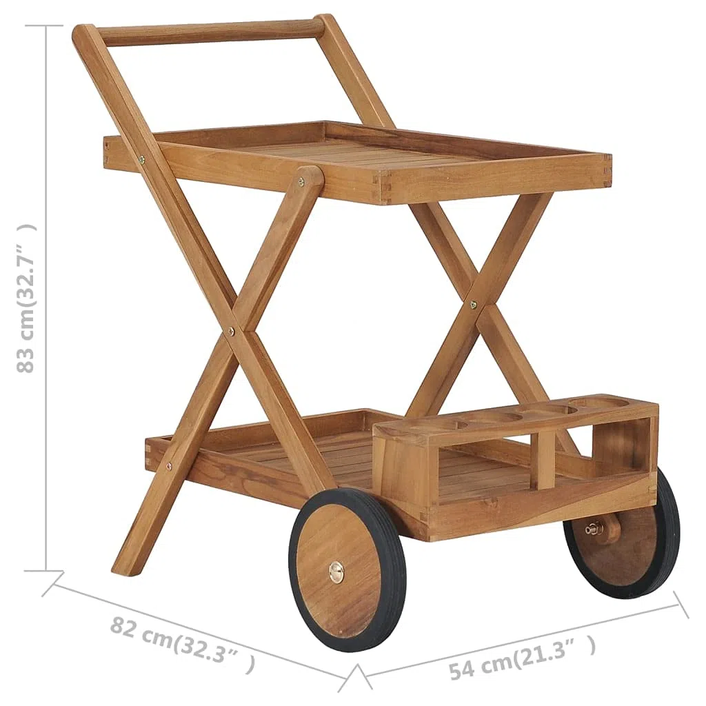 vidaXL Teak Massiv Teewagen mit 4 Flaschenhalter Servierwagen Küchenwagen Küchentrolley Rollwagen Getränkewagen Allzweckwagen 54x82x83cm