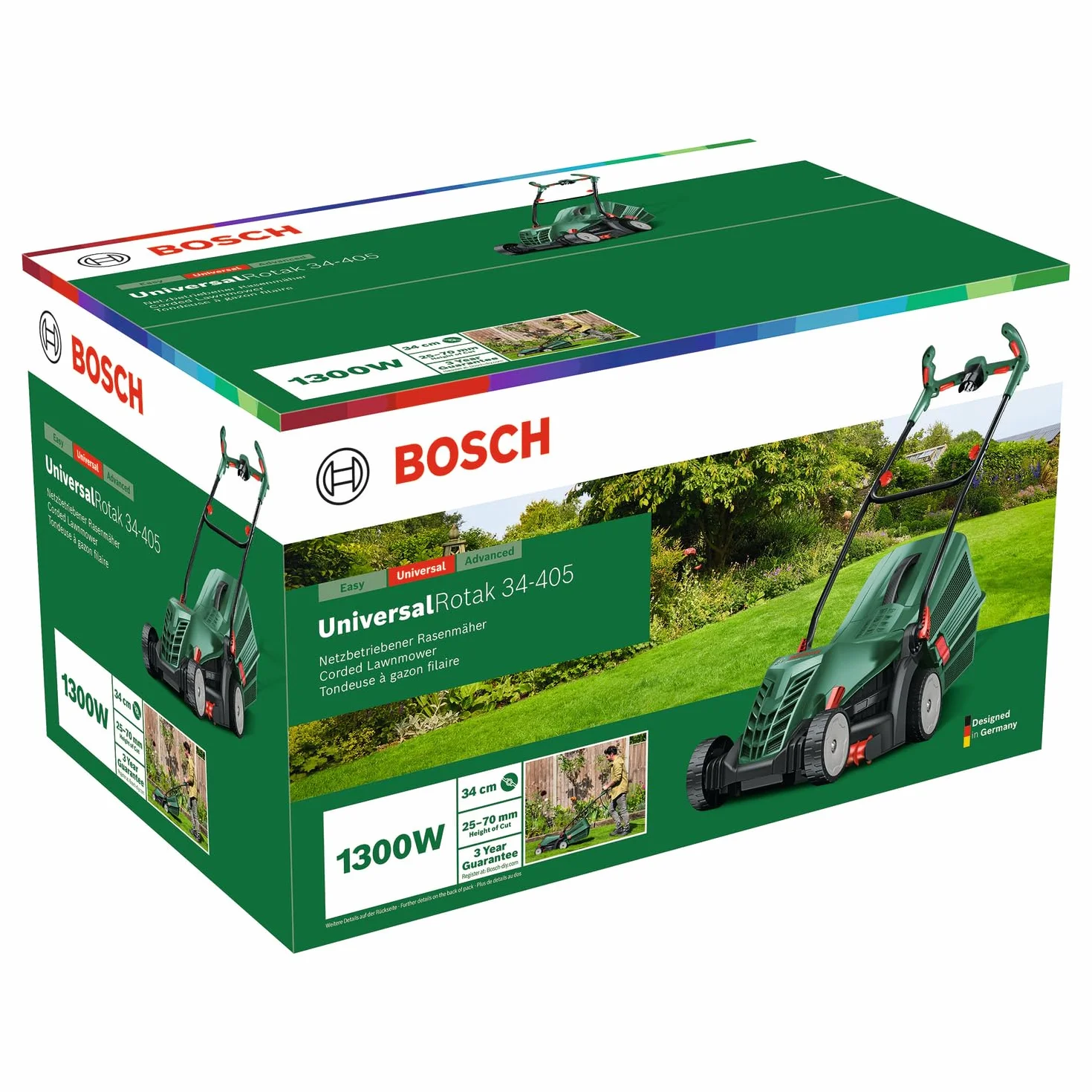 Bosch kabelgebundener Rasenmäher UniversalRotak 34-405 (1300-W-Motor, Schnittbreite: 34 cm, 40-Liter-Grasfangkorb, geeignet für ebenes Rasenmähen und Schneiden Kleinster Kanten)