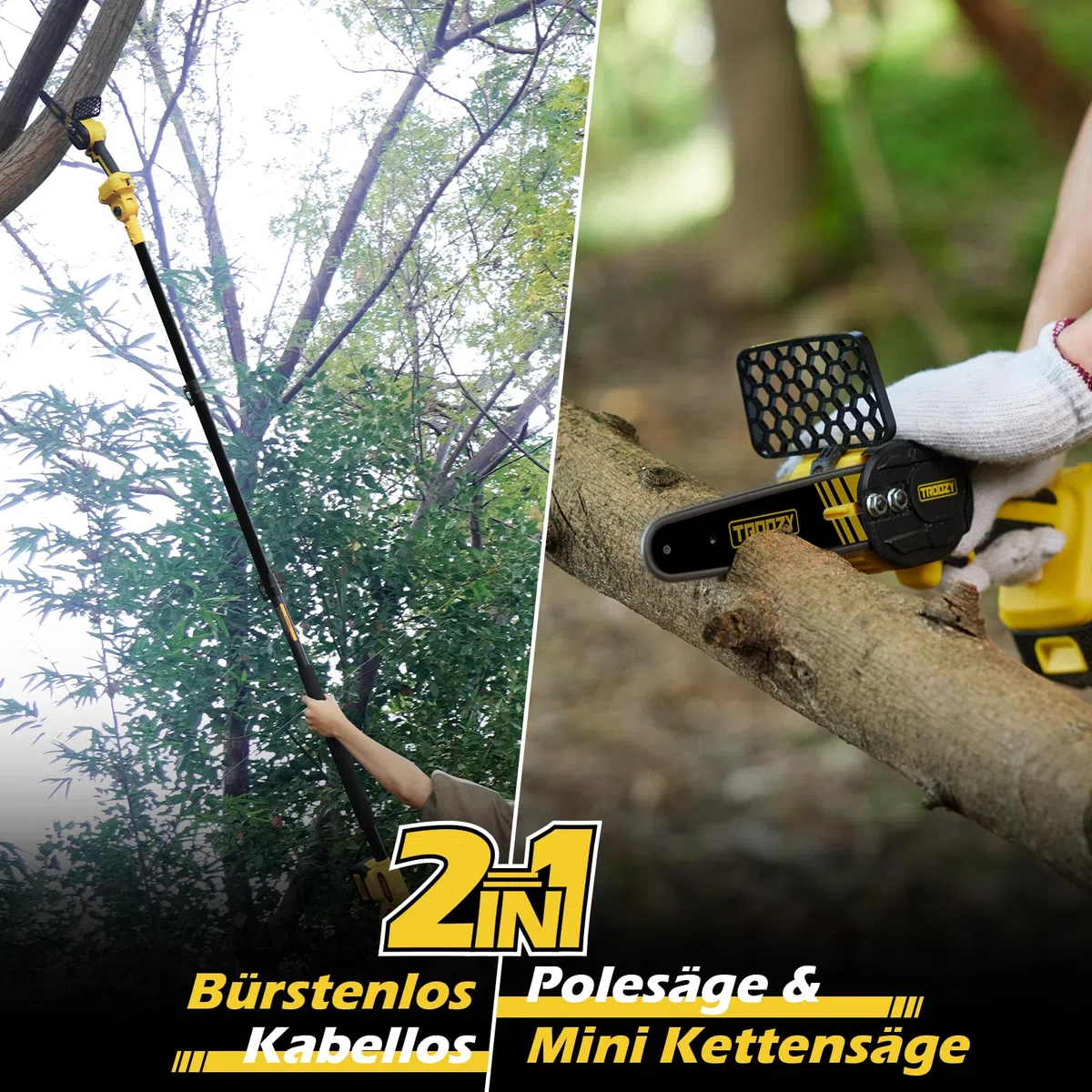 Mini Kettensäge 2-IN-1 Hochentaster, Akku 3000mAh Bis Zu 100min, Brushless Motor, Astschere Teleskop Elektro (6Zoll/15cm, 21V, bis 4,57m), Mit 9 Neigung, Elektrische Astsäge Mit Teleskopstiel