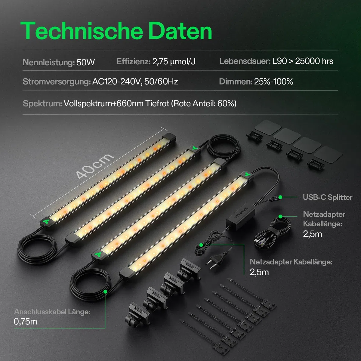VIVOSUN LumaRay 40 cm LED Pflanzenlampe 4er Set, Vollspektrum Grow Lampe mit 60% Rotlicht, effizientes Grow Light zur Seitenbeleuchtung für Growzelte bis 120x60 cm, magnetisch, SGS kompatibel