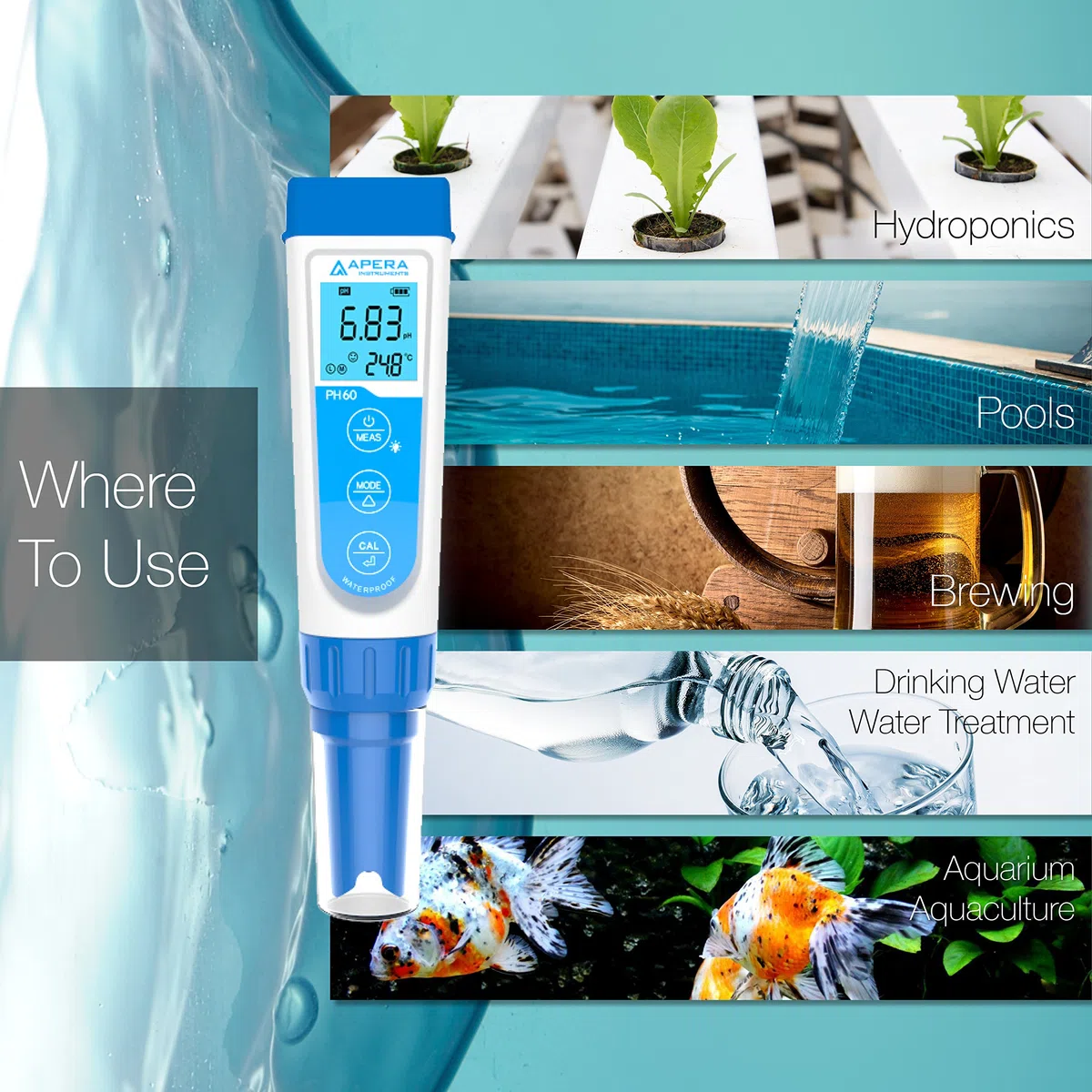 Apera Instruments PH60 Premium pH-Meter (Genauigkeit pH ±0,01, Messbereich pH -2,0-14,0, austauschbare Elektrode, wasserfest, Temperaturanzeige), AI311, Standard Glaselektrode