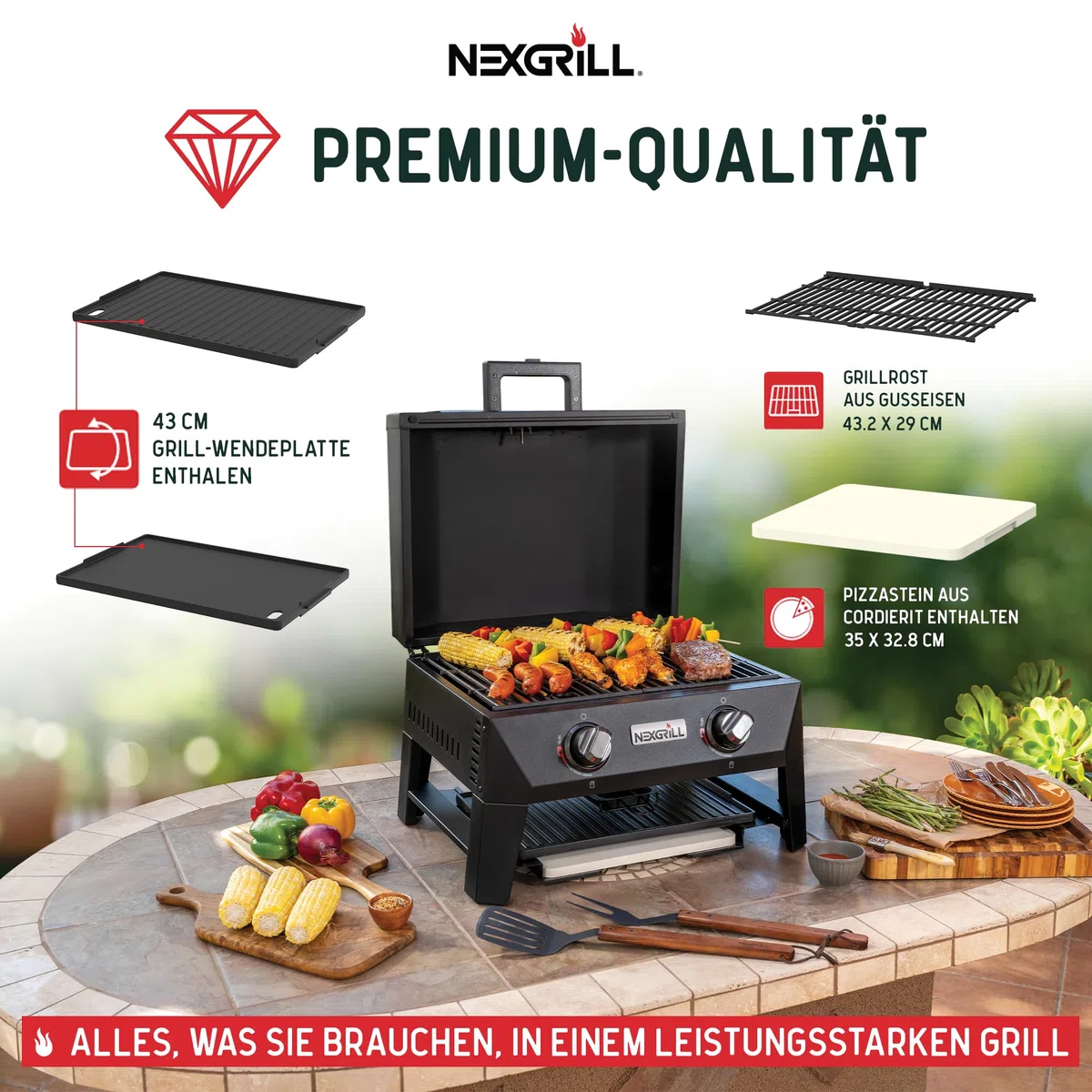 Nexgrill 4-in-1 Gasgrill/Tischgrill mit 2 Brennern, Pizzaofen-Funktion, Cordierit-Pizzastein & Wende-Grillplatte – Kompakter Outdoorgrill aus Stahl mit Stauraum für Zubehör