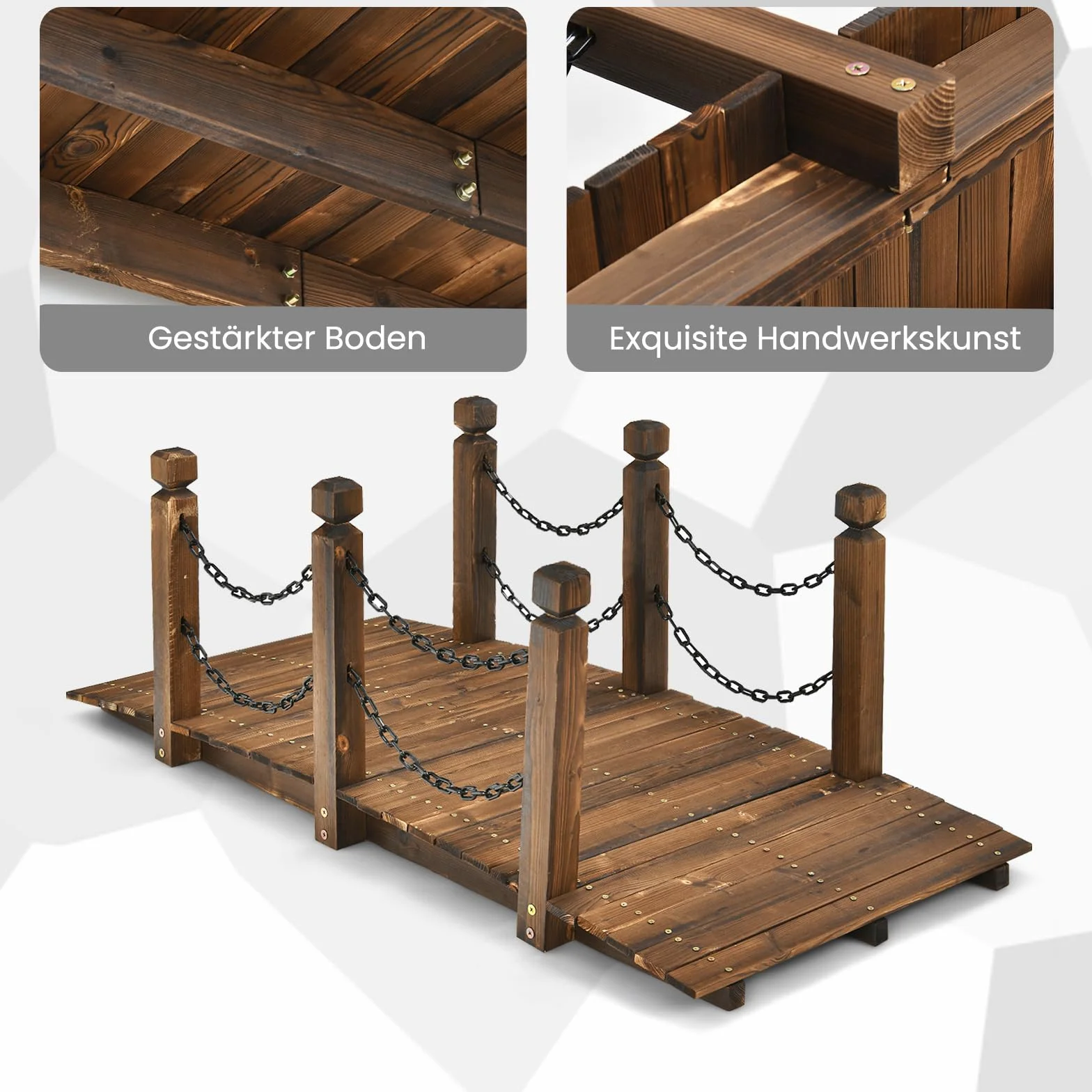 GOPLUS Holzbrücke aus Fichtenholz, 150 x 67cm x 55cm Teichbrücke bis 180 kg belastbar, Gartenbrücke mit Geländer & Ketten, Brücke für Garten Park Hinterhof