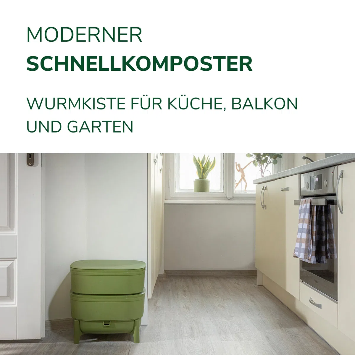 Natursache Wurmkomposter kaufen, Klein & Indoor, Wurmkiste für Balkon & Garten, Starterset + Zubehör (Mit Würmer + Zusatzetage, Grün)