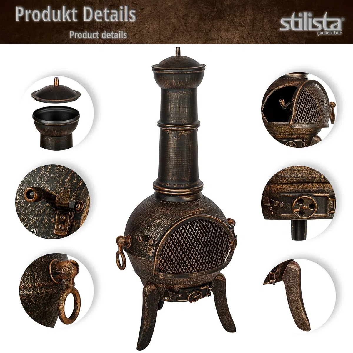 STILISTA Terrassenofen 112 cm aus Gusseisen mit Funkenschutz und Schürhaken, Antik Bronze