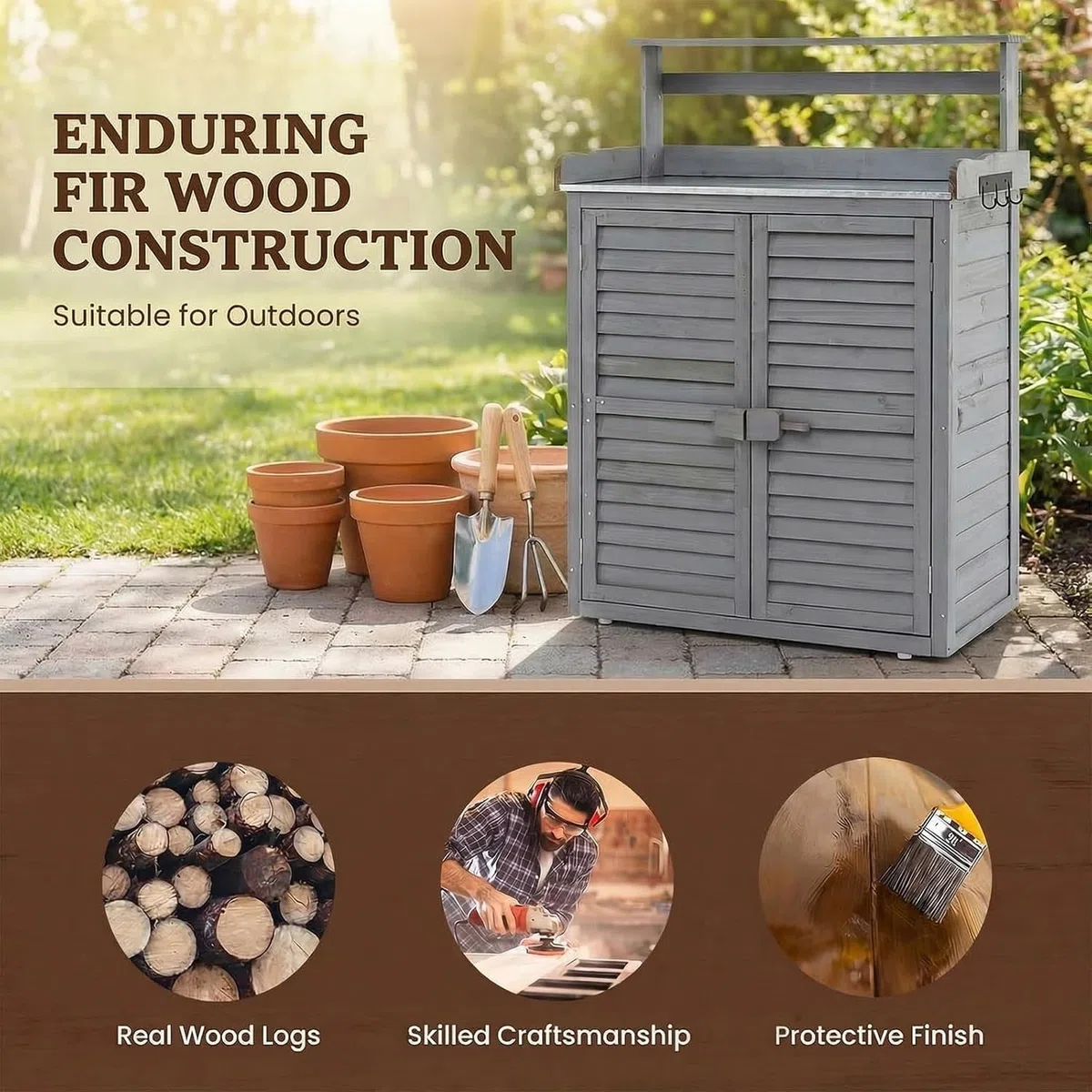 RELAX4LIFE Pflanztisch Outdoor, Gartentisch Holz mit Unterschrank, Verzinkter Arbeitsplatte, Abnehmbaren Regalen & Haken, Arbeitstisch wetterfest für Garten, Hof, Terrasse, 87 x 45 x 120 cm, Grau