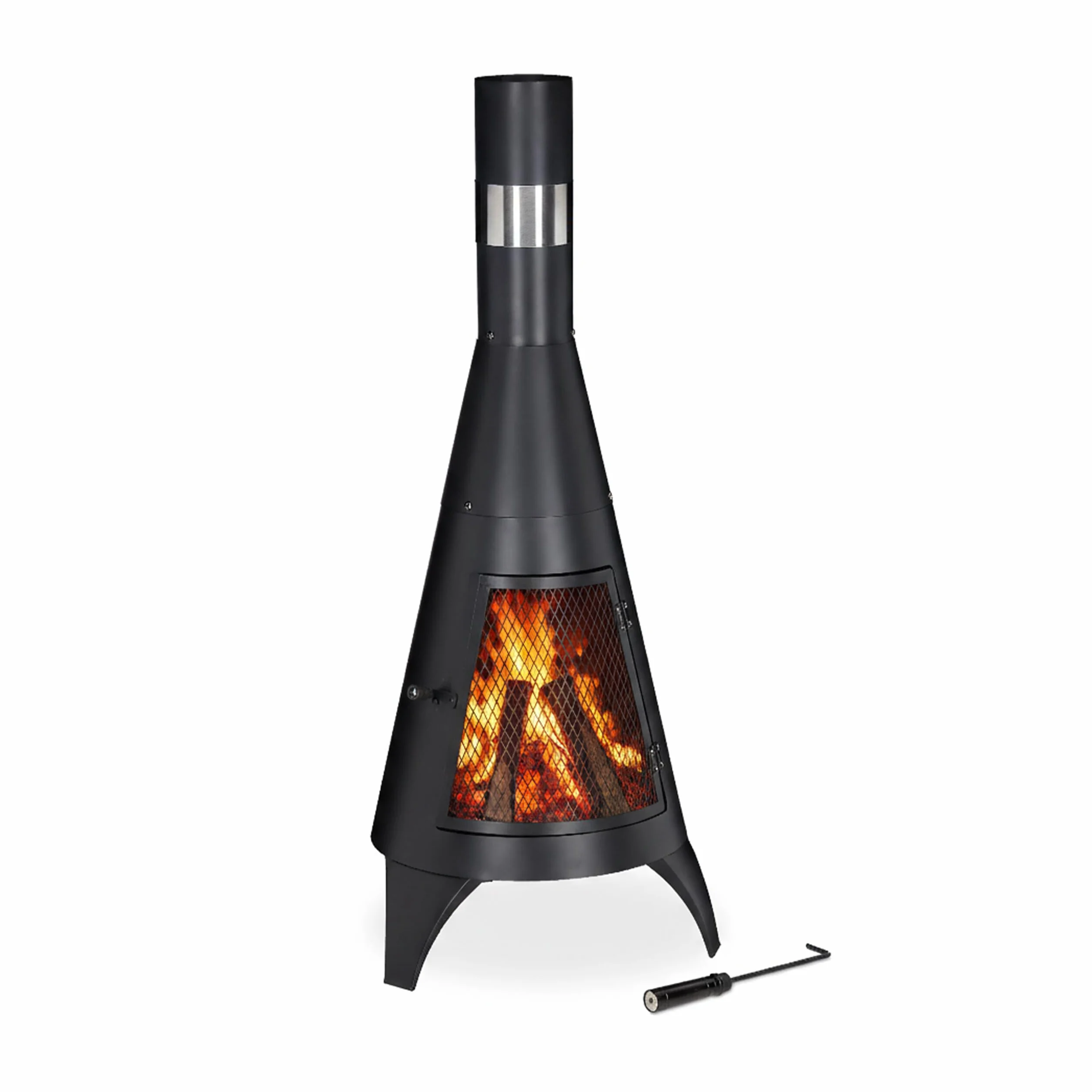 Relaxdays Terrassenofen mit Funkenschutz Tür, dekorative Feuerstelle für Holz, Gartenofen, HxD: 120x45cm, Stahl, schwarz