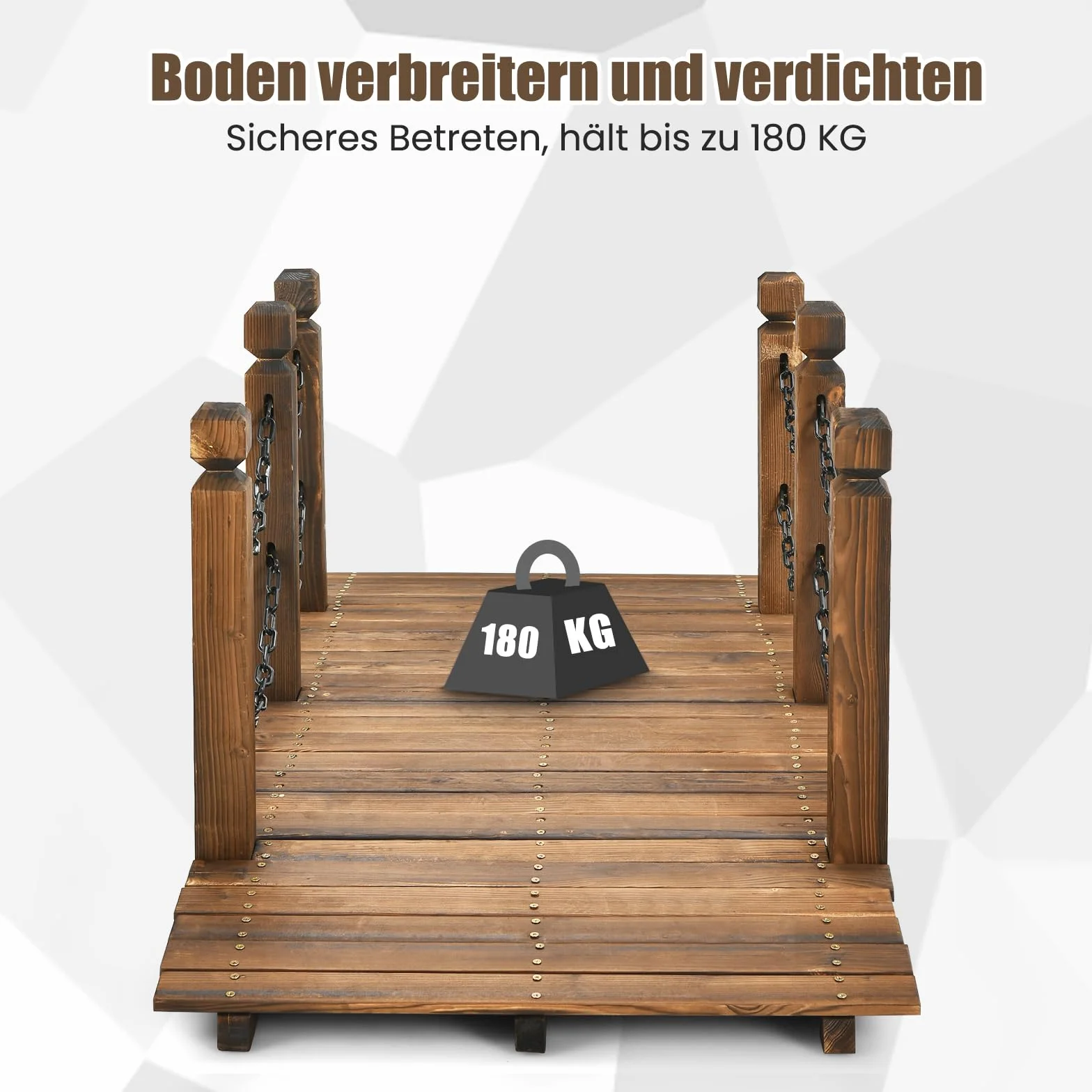 GOPLUS Holzbrücke aus Fichtenholz, 150 x 67cm x 55cm Teichbrücke bis 180 kg belastbar, Gartenbrücke mit Geländer & Ketten, Brücke für Garten Park Hinterhof