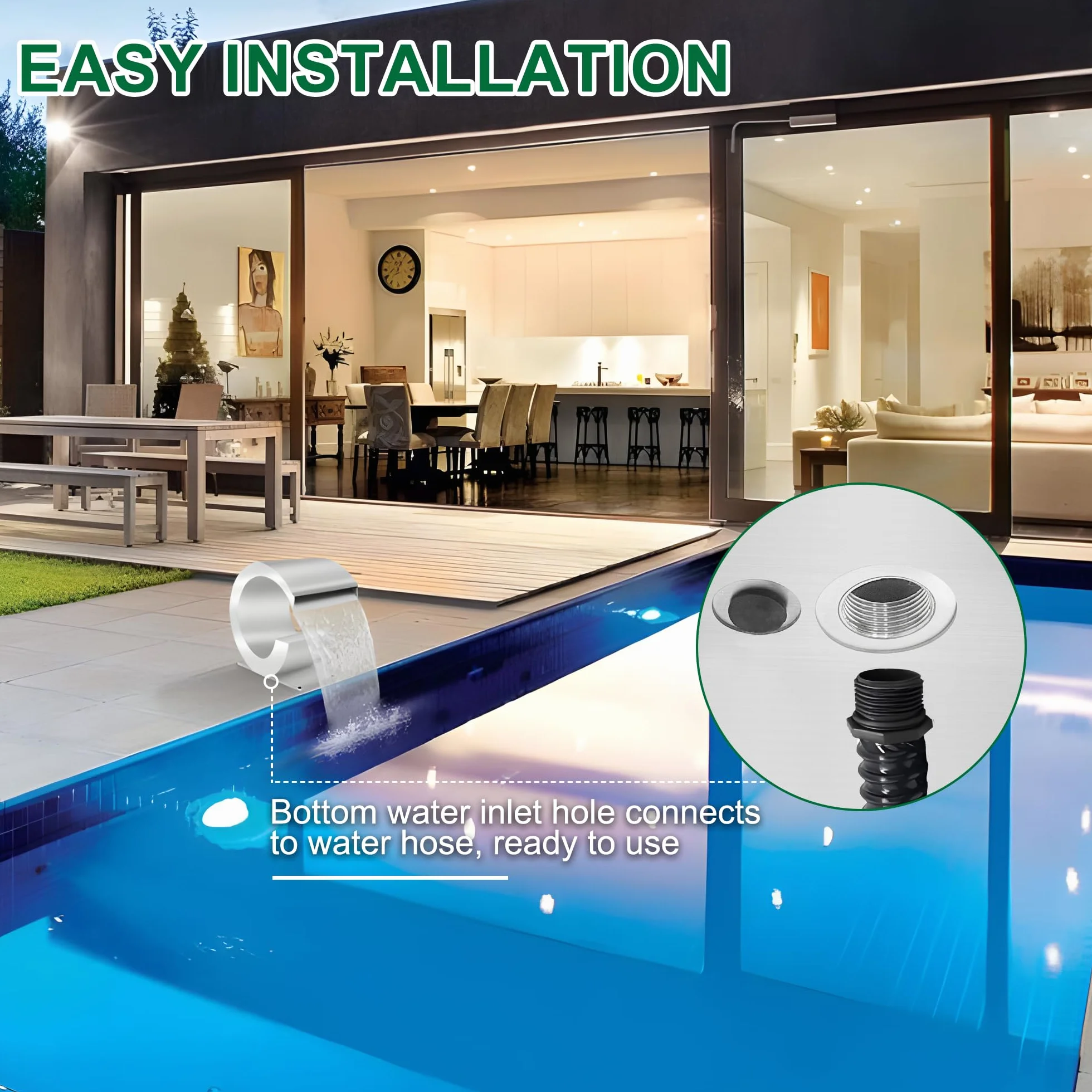 Wasserfall Überlauf Edelstahl Pool Brunnen gebogen mit Zubehör, Teich Wasserfälle J-förmigen Outdoor-Wasser Überlauf Brunnen Kit für Garten Terrasse Schwimmbad Dekoration-34,5cm Höhe