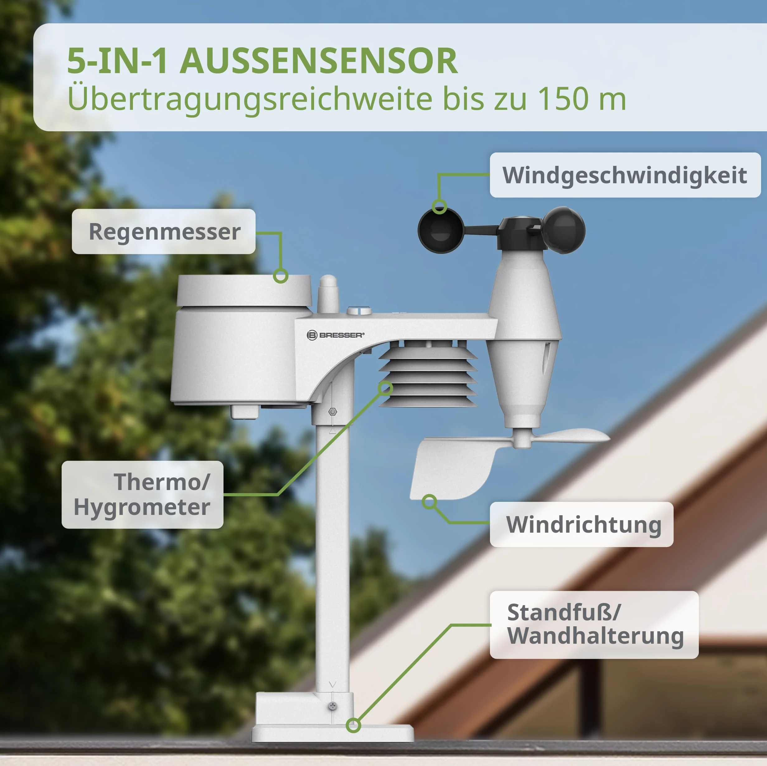 Bresser 7002525 Wetterstation Funk mit Außensensor 5-in-1 Beaufort mit großem Farbdisplay, Sensor für Temperatur, Luftfeuchtigkeit, Luftdruck, Windrichtung und Regenmesser, Schwarz, Einzigartig
