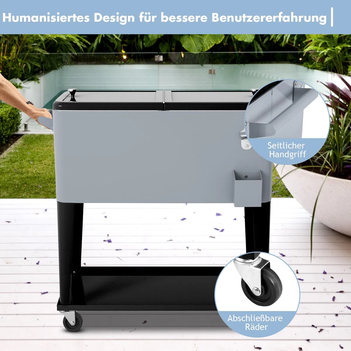 COSTWAY 76L Kühlwagen Beistellwagen, Servierwagen Kühlbox mit Rädern und Ablagefläche, Kühlbehälter Getränkewagen, Getränkekühler inkl. Flaschenöffner für Outdoor Terrassen Party (Silber)