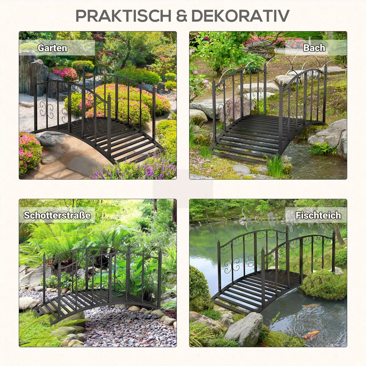 Outsunny Gartenbrücke Stahl 1,19 m Teichbrücke mit Geländer Zierbrücke mit Blumenmuster Dekobrücke bis 120 kg für Balkon, Terrasse, Schwarz