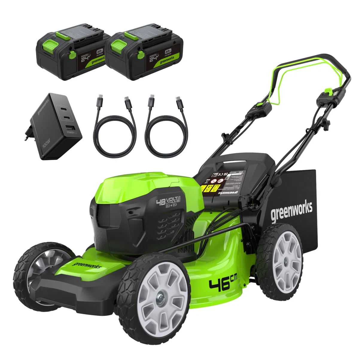 Greenworks Selbstfahrender Akku Rasenmäher 48V (24V x 2) bis zu 480m², 46cm Schnittbreite, 55L Sack Rasenmäher Elektro Plus Zwei 4Ah-Akkus und Doppelladegerät,3 Jahre Garantie,GD24X2LM46SPK4X