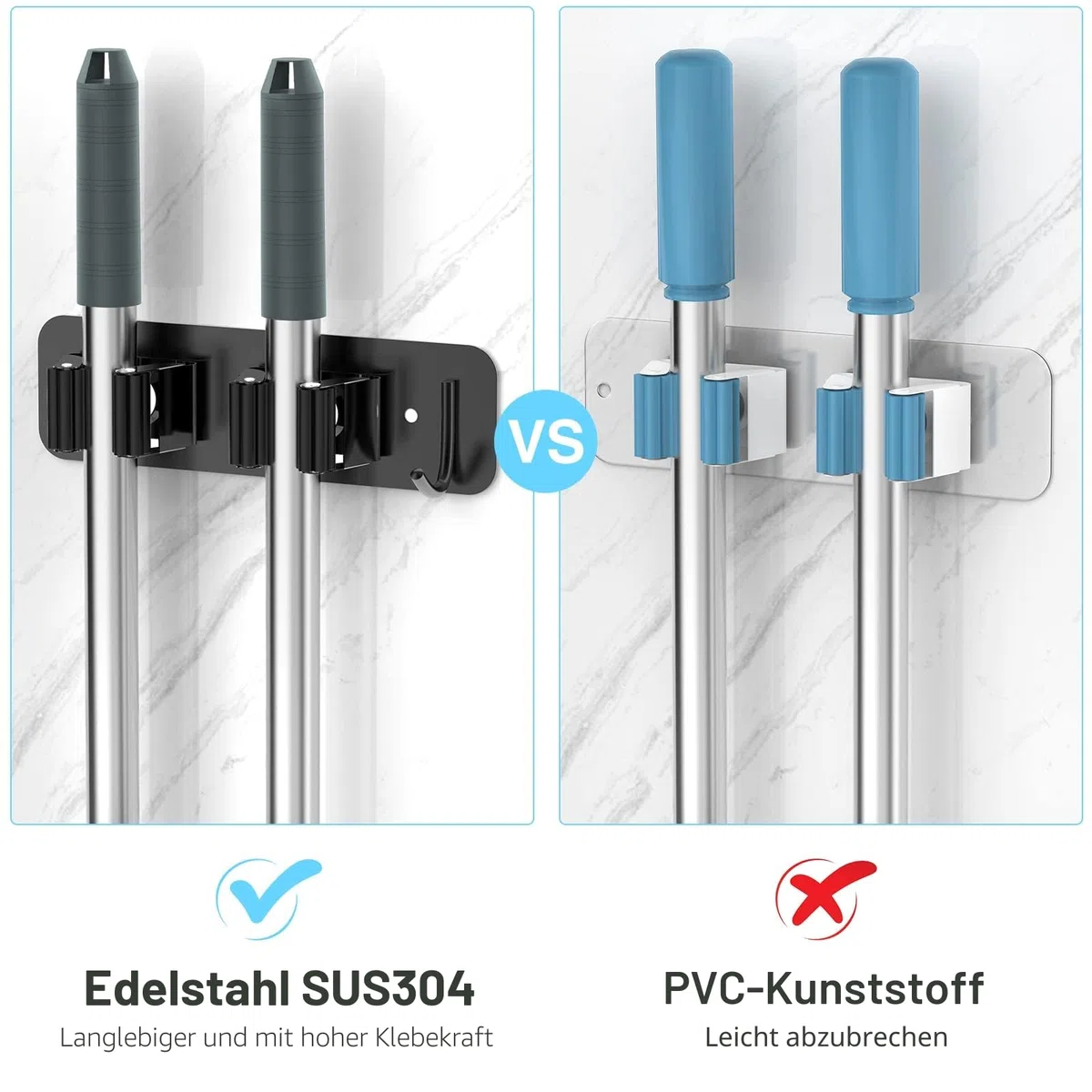 homeasy Besenhalterung Wand 2 Stück Besenhalter Selbstklebend Edelstahl Gerätehalter Ohne Bohren Mop Halter Werkzeughalter Organizer mit Haken und 2 Halter für Küche Badezimmer Garten Balkon