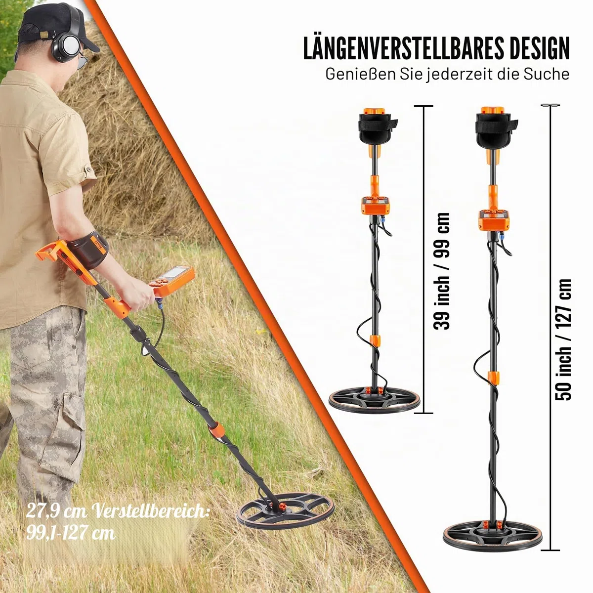 VEVOR Metalldetektor Profi, Metal Detector mit 30 cm Suchspule, 7 Mode, IP68 Tauchtiefe bis zu 3 m Goldsucher mit Verstellbarem Griff Golddetektor inkl. Bluetooth-Headset Präzisions-Ortungsgerät