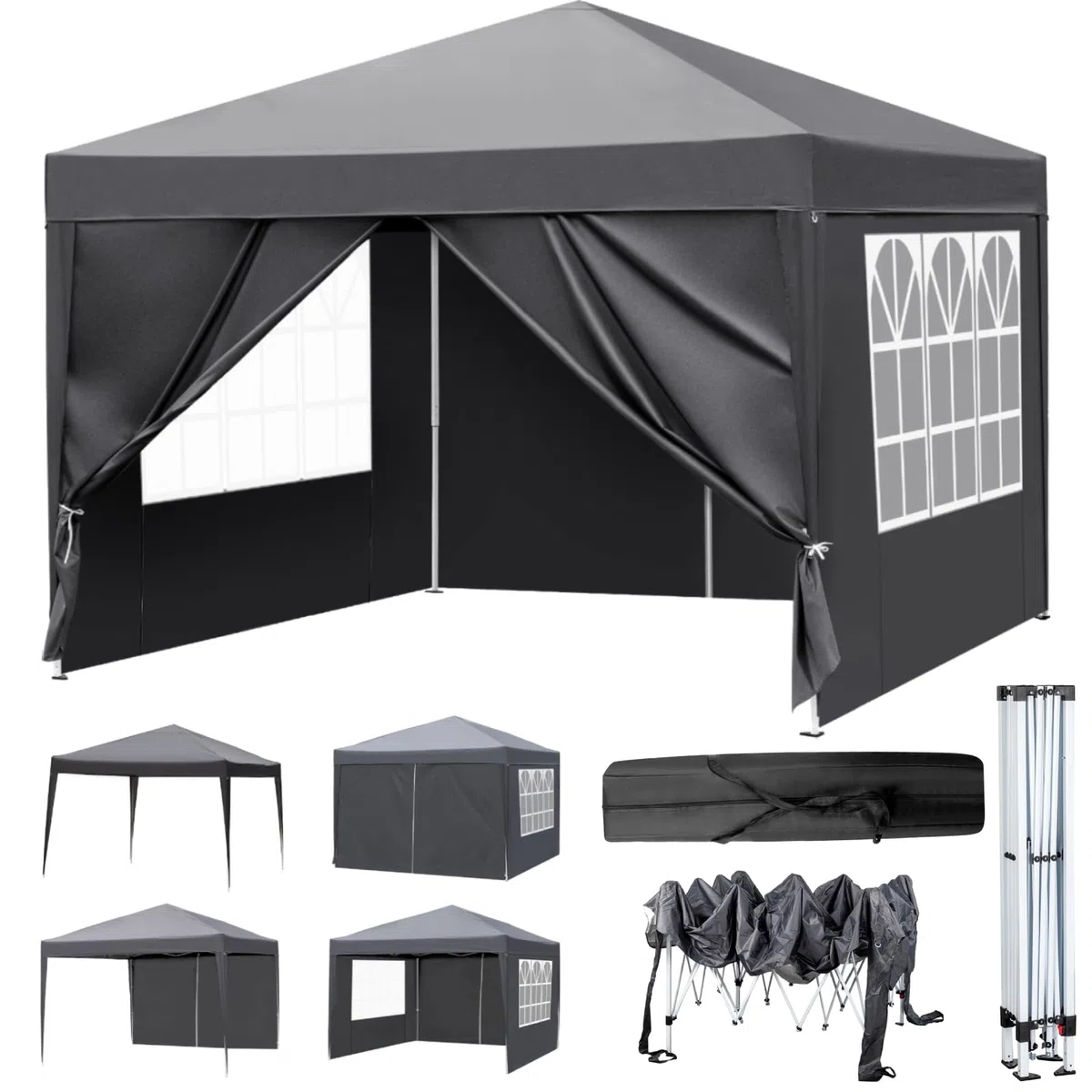 LEADZM Pavillon 3x3m,Pop-up Faltpavillon,Wasserdichter,Winterfest,Höhenverstellbar,UV Schutz 50+,Stahlrahmen,fur Garten,Party,Camping,Outdoor,mit 4 Seitenteilen,Dunkelgrau