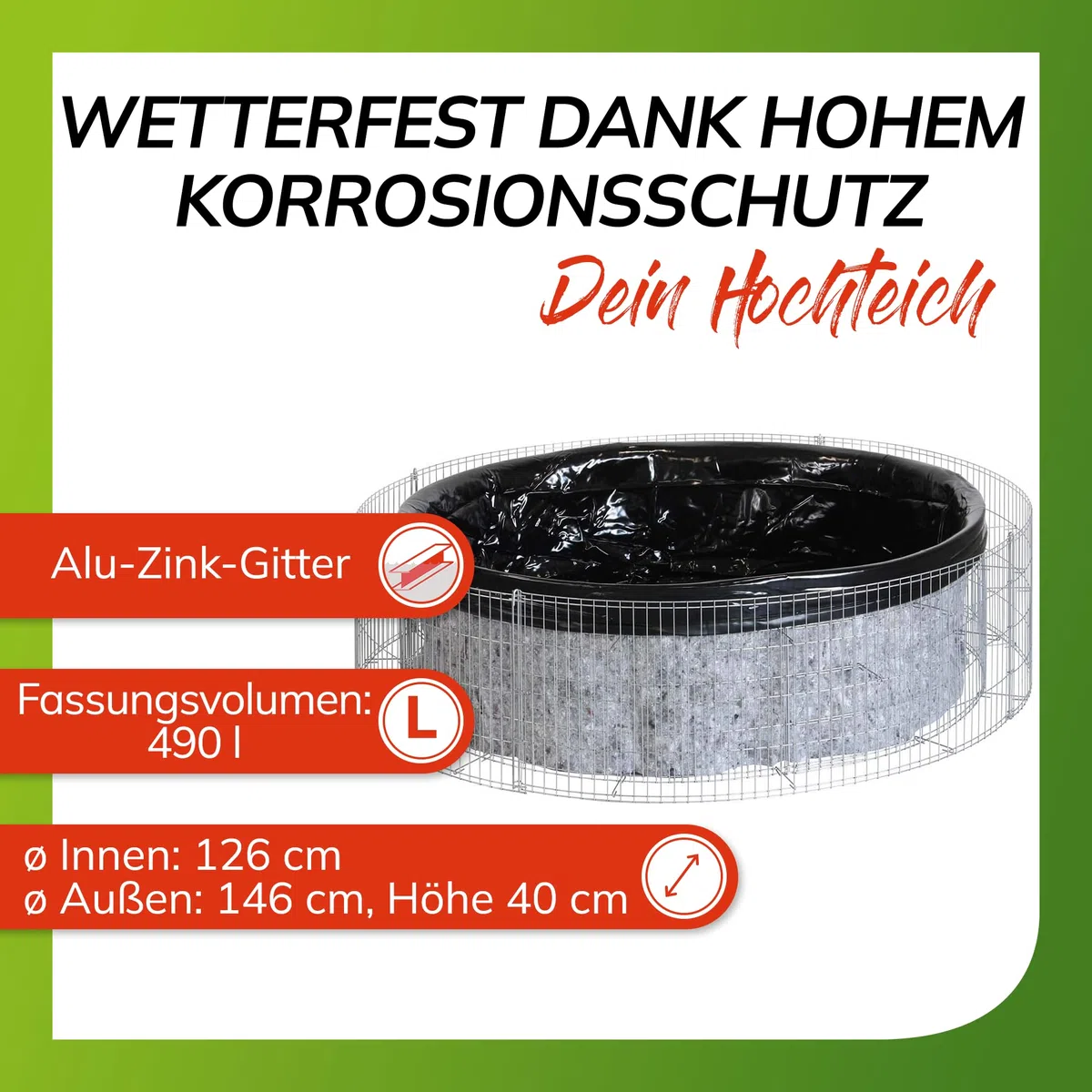 bellissa ‎‎– Gabionen-Hochteich Bausatz mit 490 L Füllvolumen rund 146x146x40 cm – Garten Zubehör DIY-Kit mit Gabionen, Teichfolie und Trenn-Vlies - Wetterfest & langlebig für Zierteiche & Biotope