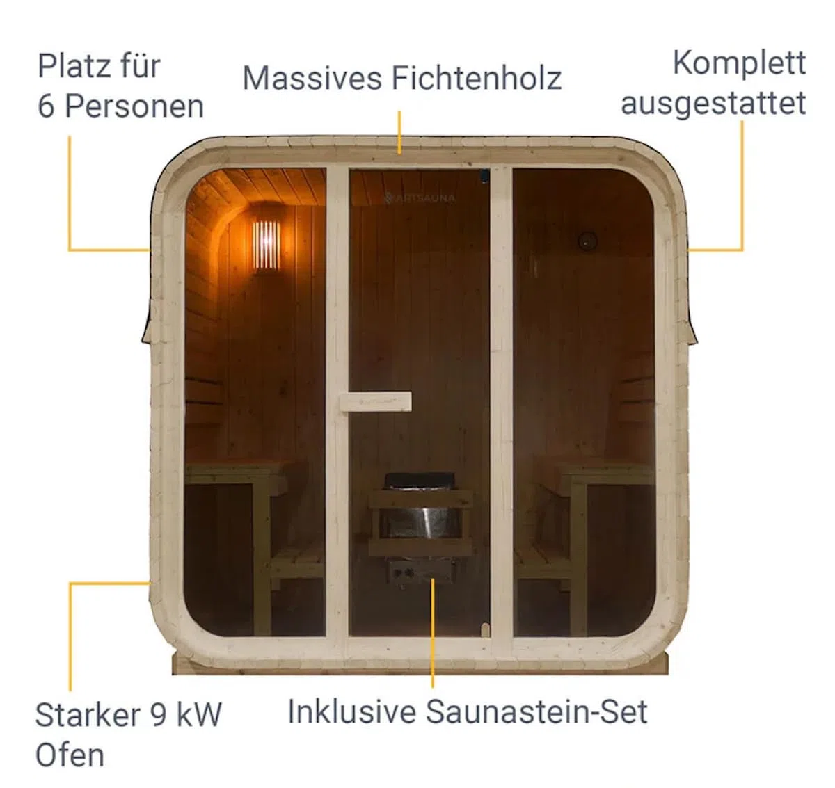 Outdoor Cubesauna Holz Sauna Finnland 228x180 cm – Gartensauna Komplett Set für 6 Personen mit 9 kW Saunaofen, LED Licht, Saunazubehör & Bitumen Dachschindeln