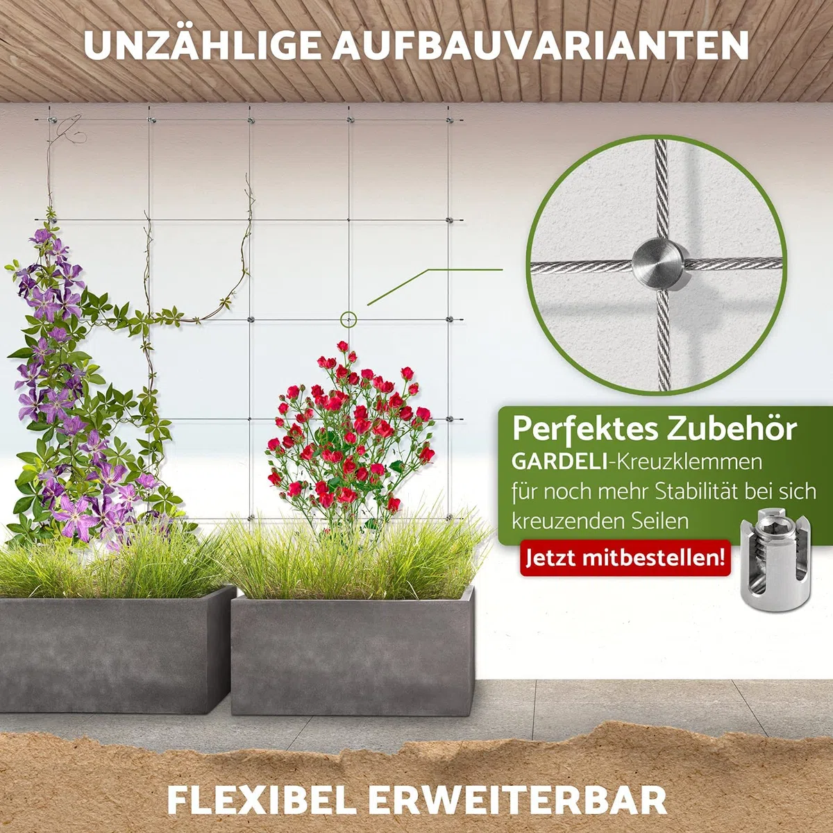 Rankhilfe aus Edelstahl für Kletterpflanzen, Profi-System als Komplettset mit Wandhaltern und 3mm Stahlseil (8 Halter, 12,5m Seil)