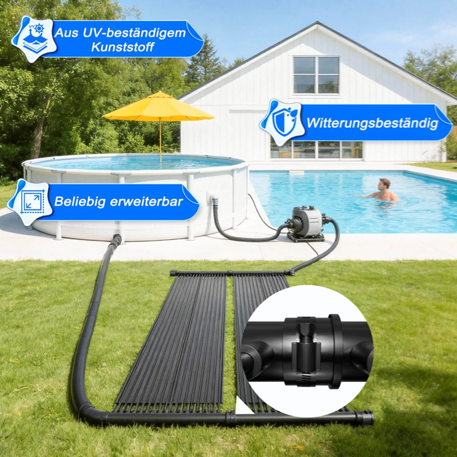 LZQ Solar Poolheizung Set 400x70 cm, Solarheizung Solarkollektor Pool Schwimmbad Solarabsorber Warmwasser mit Schlauchschellen & Rohrverbindern, modular, Heizmatte Solarmatte Sonnenkollektor