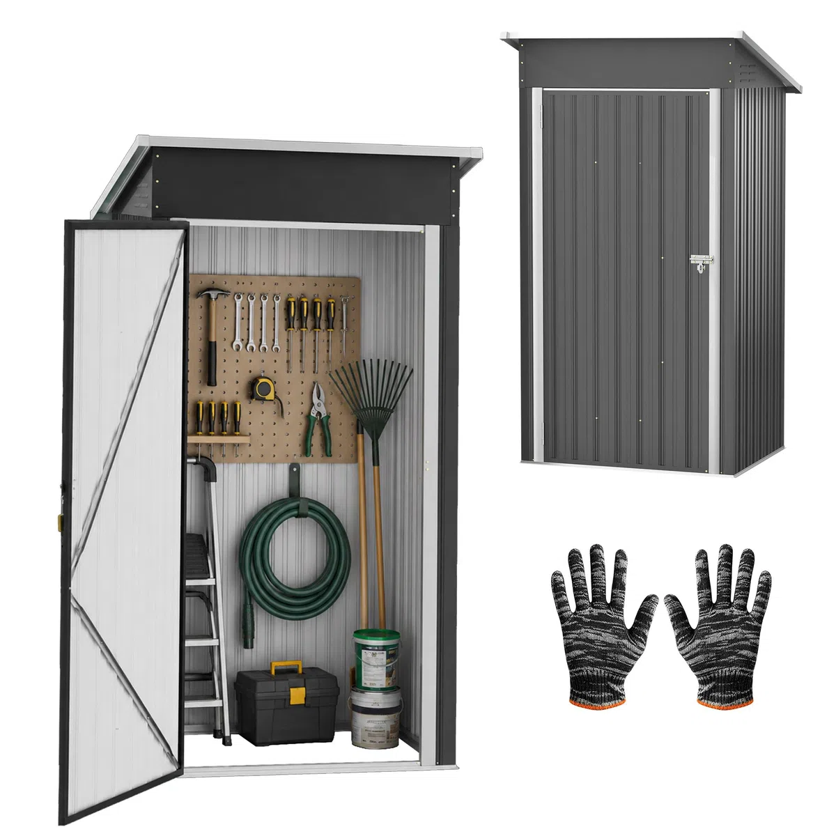 Gartenhaus Metall 96 x 75 x 185 cm Geräteschuppen wetterfest abschließbar mit Pultdach Gartenhütte Outdoor Werkzeuge Gartenschuppen Gerätehaus für Hinterhof, Terrasse, Rasen, Schwarz