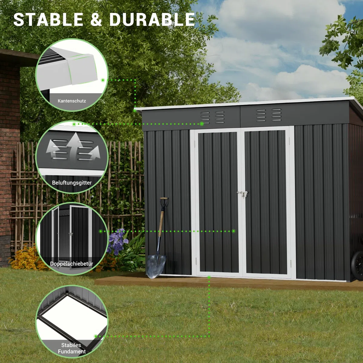 Amopatio Gerätehaus, Gartenhaus mit Pultdach, Geräteschuppen 228x109x182 cm (BxTxH), Gartenhaus Metall mit Tür, Verzinkte Gartenhülle Metall-Schuppen mit Fundamentrahmen, Schwarz