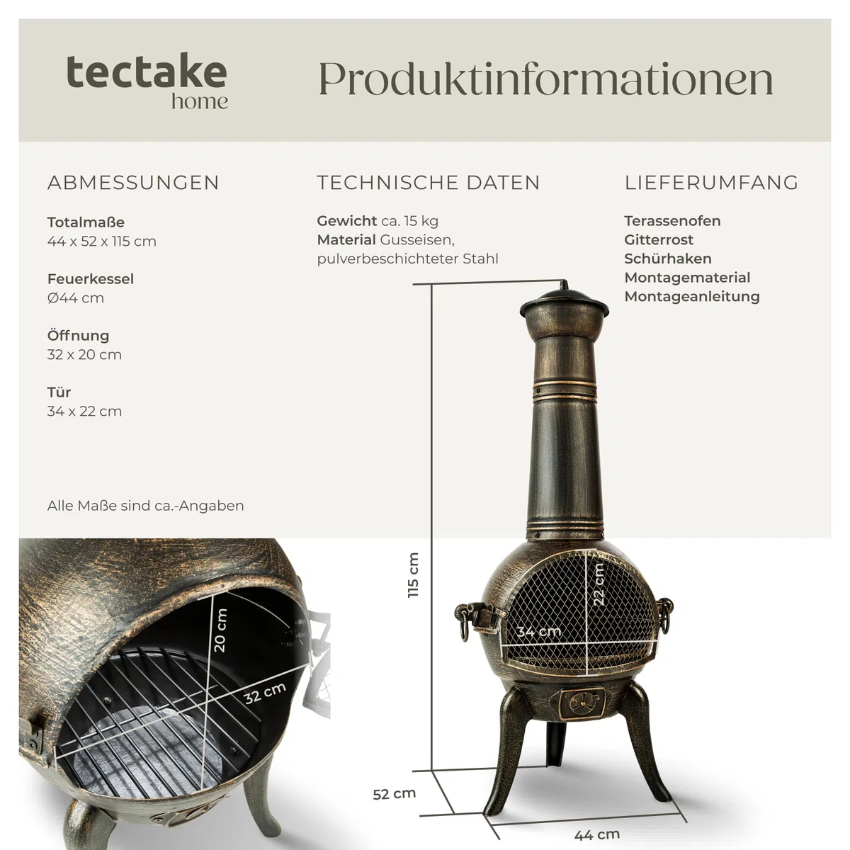 tectake® Vintage Outdoor Terrassenofen, Gartenofen aus Gusseisen, Raketenofen, Aztekenofen mit Funkenschutz, Grill Rost und Schürhaken, Gartendeko Kamin, Deko für Terrassen oder Balkon, Kaminofen