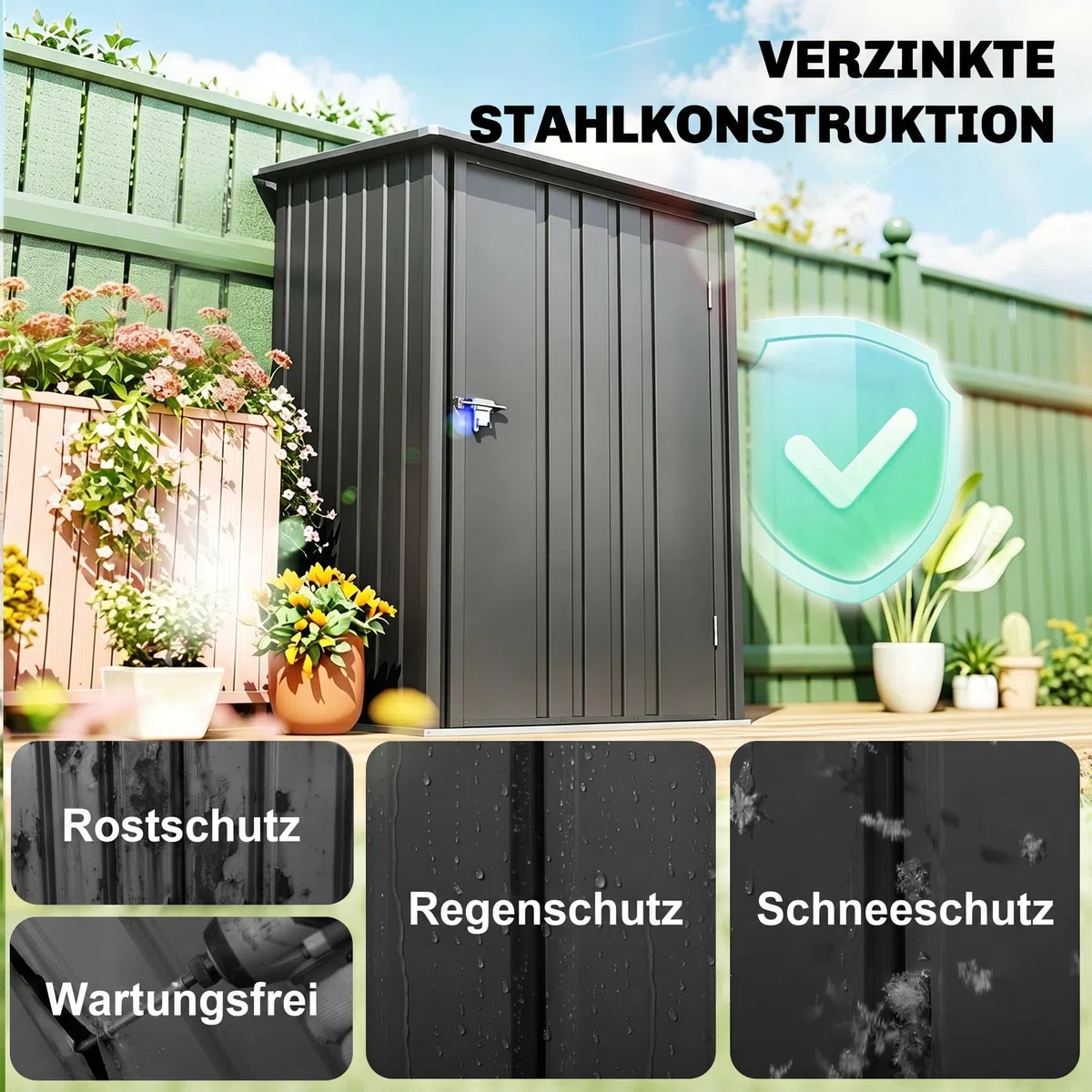 Outsunny Metall Gerätehaus 0,92 m² 100x103x160cm Geräteschuppen mit Pultdach Abschließbarer Tür Gartenhaus Outdoor Garten Schuppen Schrank für Hinterhof Außenbereich Dunkelgrau
