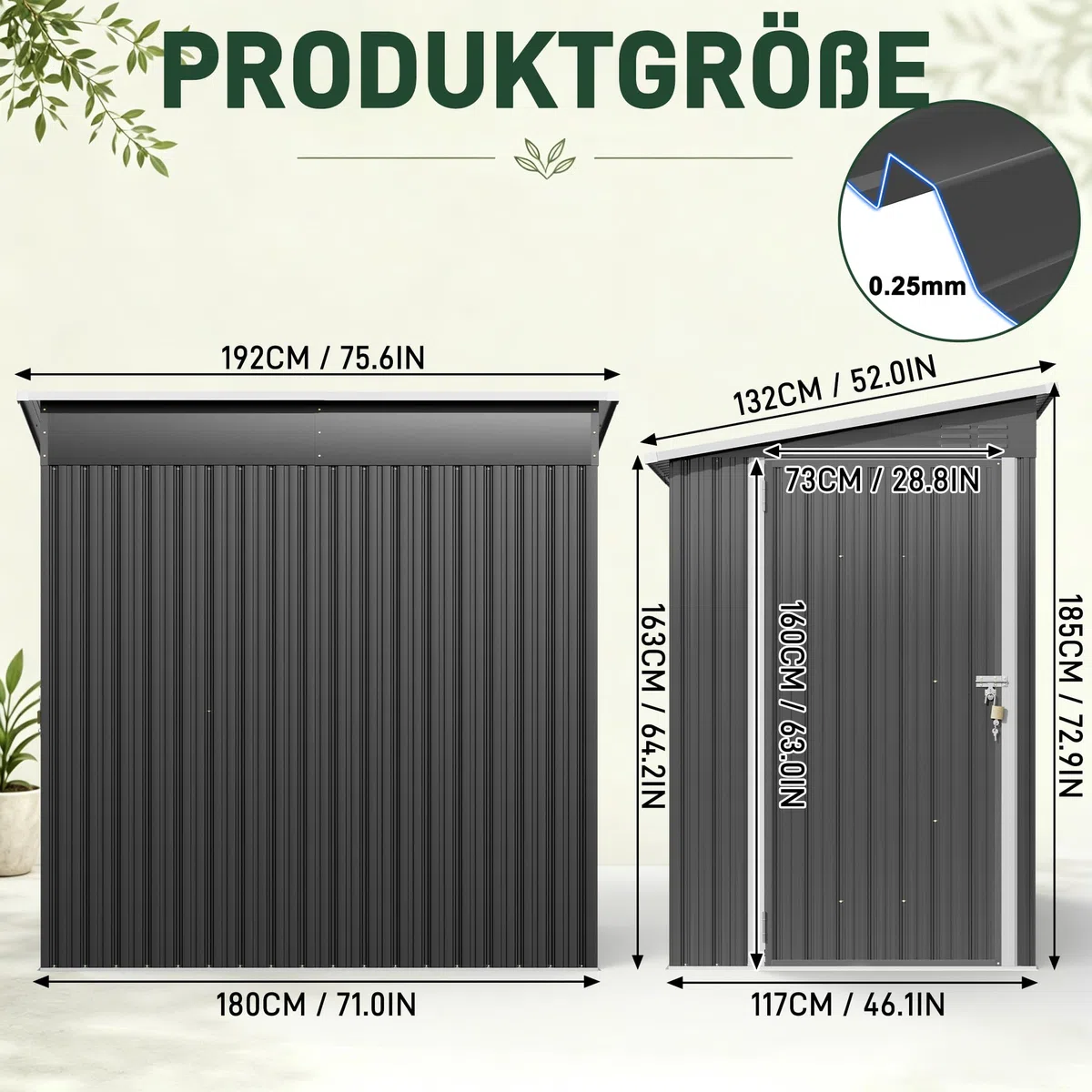 Metall Gerätehaus 4 m³ 192x132x185 cm Gerätehaus Eisen mit Pulverbeschichtung abschließbar & wetterfest Pultdach Werkzeugschrank für Garten Baustelle Industrie/Landwirtschaft,Schwarz
