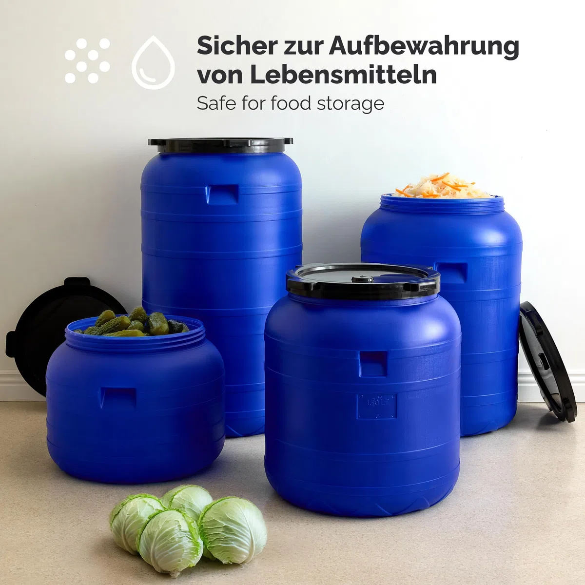 Garronda 250 Liter Weithalsfass BPA-frei Futtertonne Fass Universalfass Lebensmittel Fass Regenfass für Garten Regentonne mit Deckel Regenwassertonne für Garten Wassertonne GD-0093 Blau