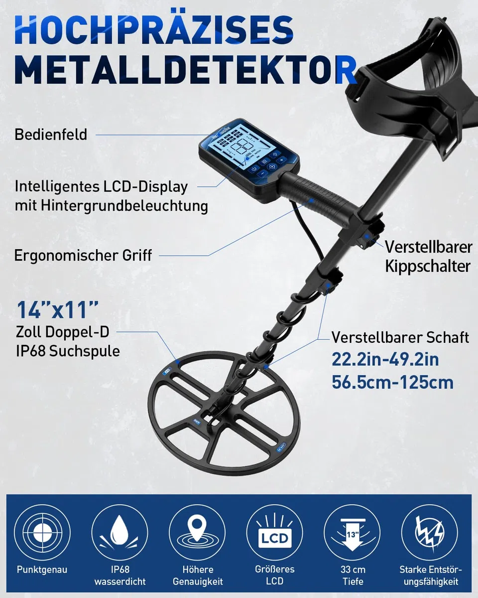 Hazlewolke Metalldetektor Professional, 14'' wasserdichte & Breiterer Scanbereich DD-Suchspule, Metal Detector mit Pinpoint-Modus, 33 cm Suchtiefe, 4 Modi, Gold Detektor für Erwachsene