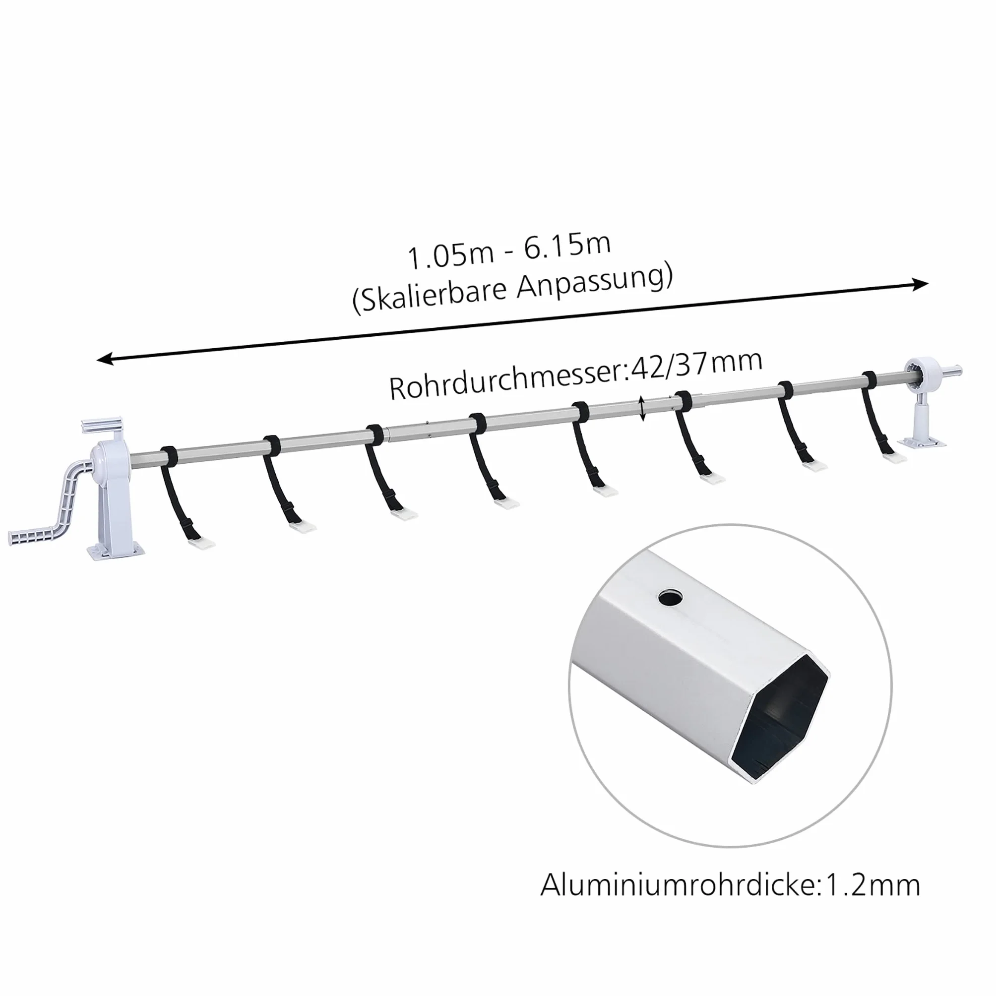 Pool Aufroller Aufrollsystem Aufrollvorrichtung aus Aluminium inkl. 8 Befestigungsbänder für Poolplanen & Solarfolie - 1,05m bis 6,15 m verstellbar