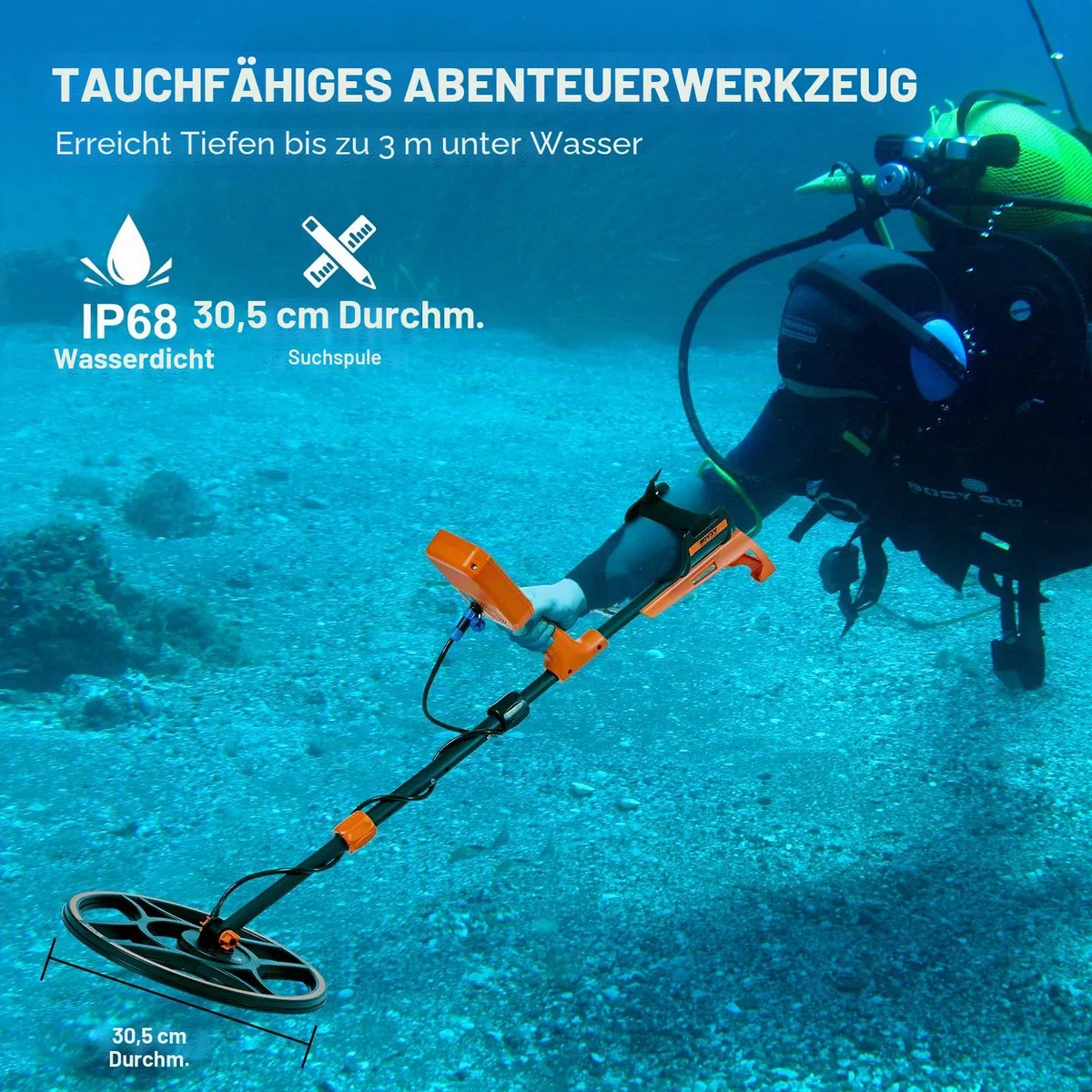 VEVOR Metalldetektor Profi, Metal Detector mit 30 cm Suchspule, 7 Mode, IP68 Tauchtiefe bis zu 3 m Goldsucher mit Verstellbarem Griff Golddetektor inkl. Bluetooth-Headset Präzisions-Ortungsgerät