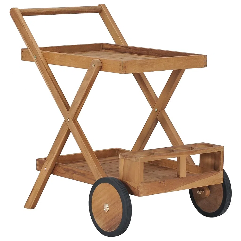 vidaXL Teak Massiv Teewagen mit 4 Flaschenhalter Servierwagen Küchenwagen Küchentrolley Rollwagen Getränkewagen Allzweckwagen 54x82x83cm