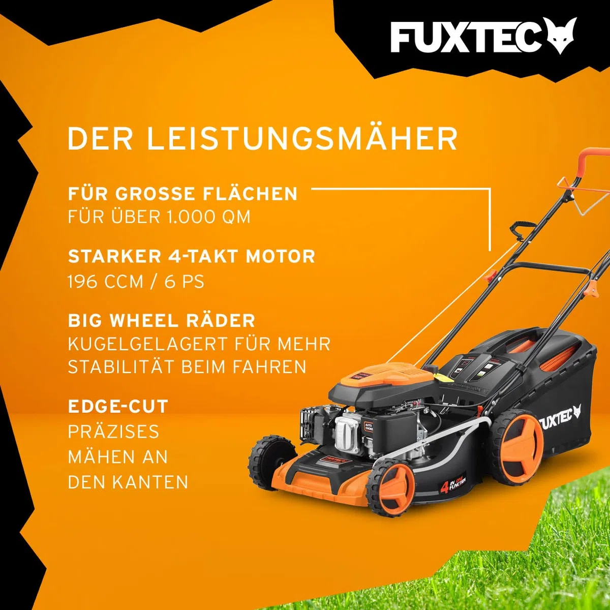 FUXTEC 4in1 Benzin Rasenmäher FX-RM5196 • 6 PS • 196 CCM 4-Takt Motor • Rasenmäher mit Antrieb & 51 cm Schnittbreite • Mulchmäher mit Seitenauswurf • 60L Fangkorb • EasyClean