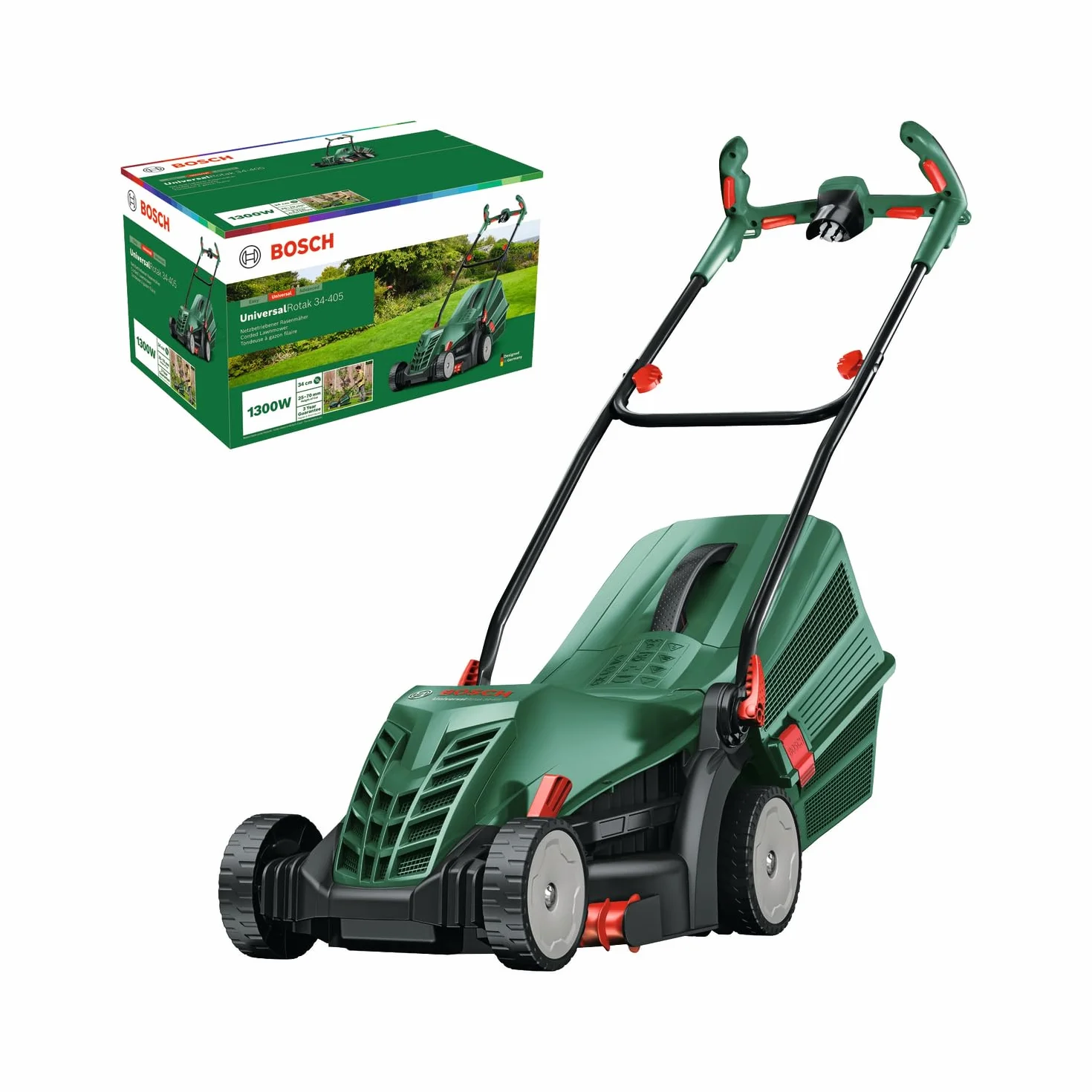 Bosch kabelgebundener Rasenmäher UniversalRotak 34-405 (1300-W-Motor, Schnittbreite: 34 cm, 40-Liter-Grasfangkorb, geeignet für ebenes Rasenmähen und Schneiden Kleinster Kanten)