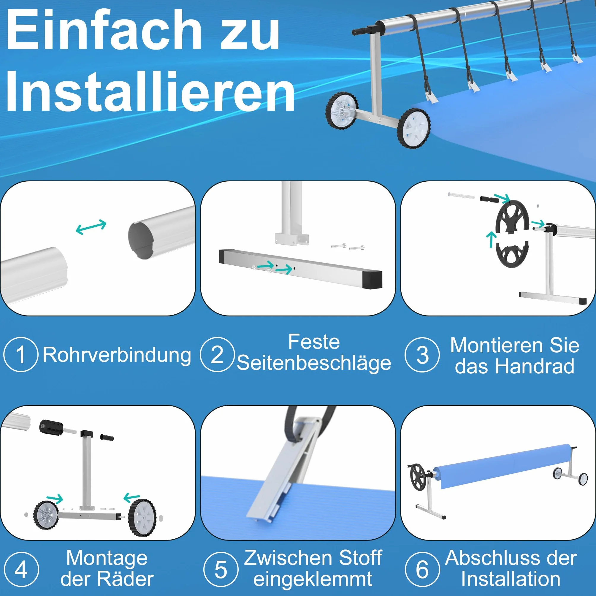 Froadp Pool Aufroller Aufrollvorrichtung 300-570cm Swimming Pool Zubehör aus Aluminium Aufrollsysteme Schwimmbadabdeckung Witterungsbeständiges Aufroller Poolabdeckung für Solarplane und Poolplanen