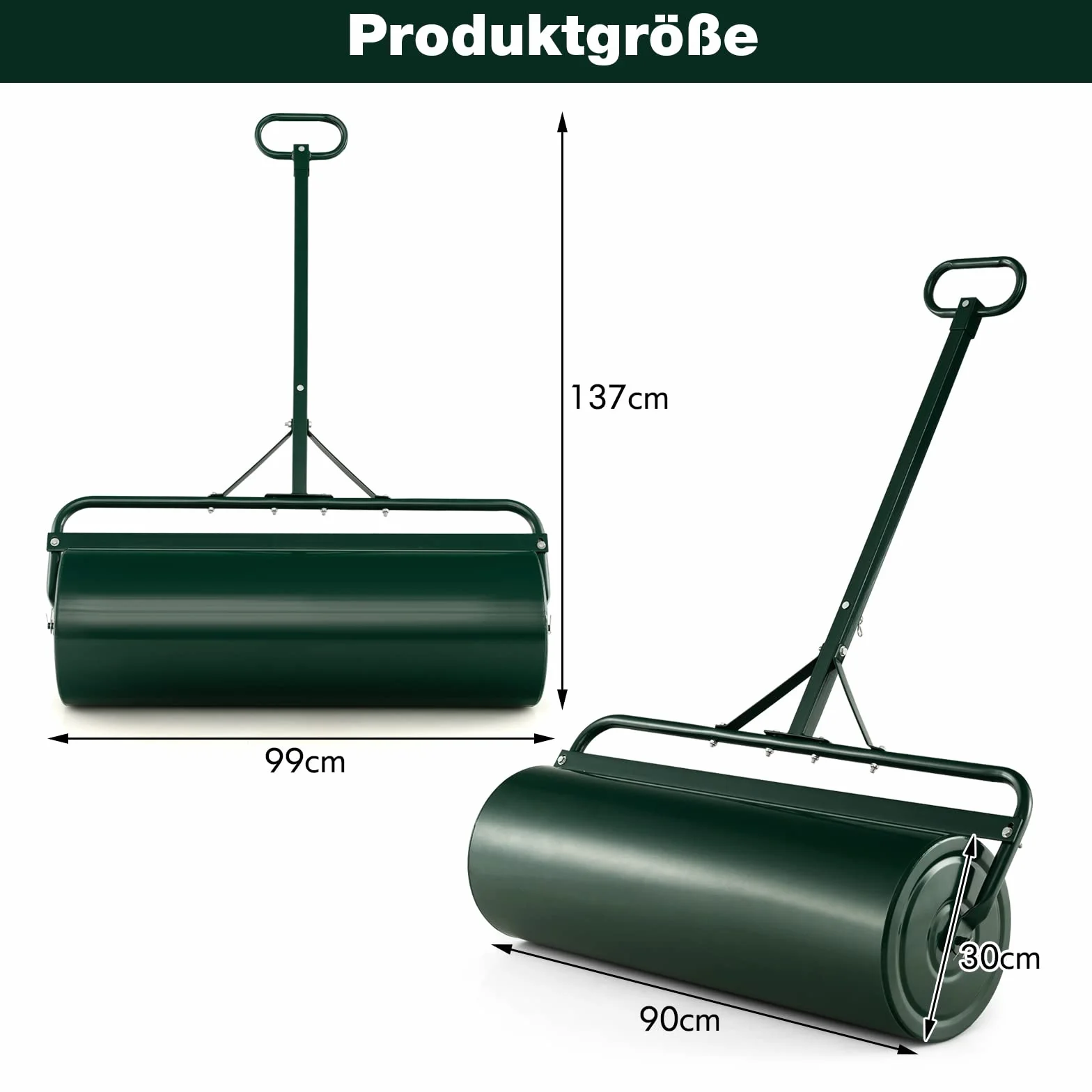 FANTASK Ø 30CM Rasenwalze Metall, Handwalze mit Griff 63 L, Schwerlasttrommel Graswalze befüllbar mit Wasser & Sand Gartenwalze, Trommel Rasenroller